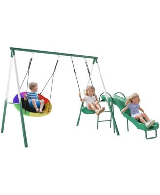 Metal Heavy-Duty A-Frame Swing Set with Slide and Saucer Swing, Adjustable Ropes, For 3 Children, Ages 3+