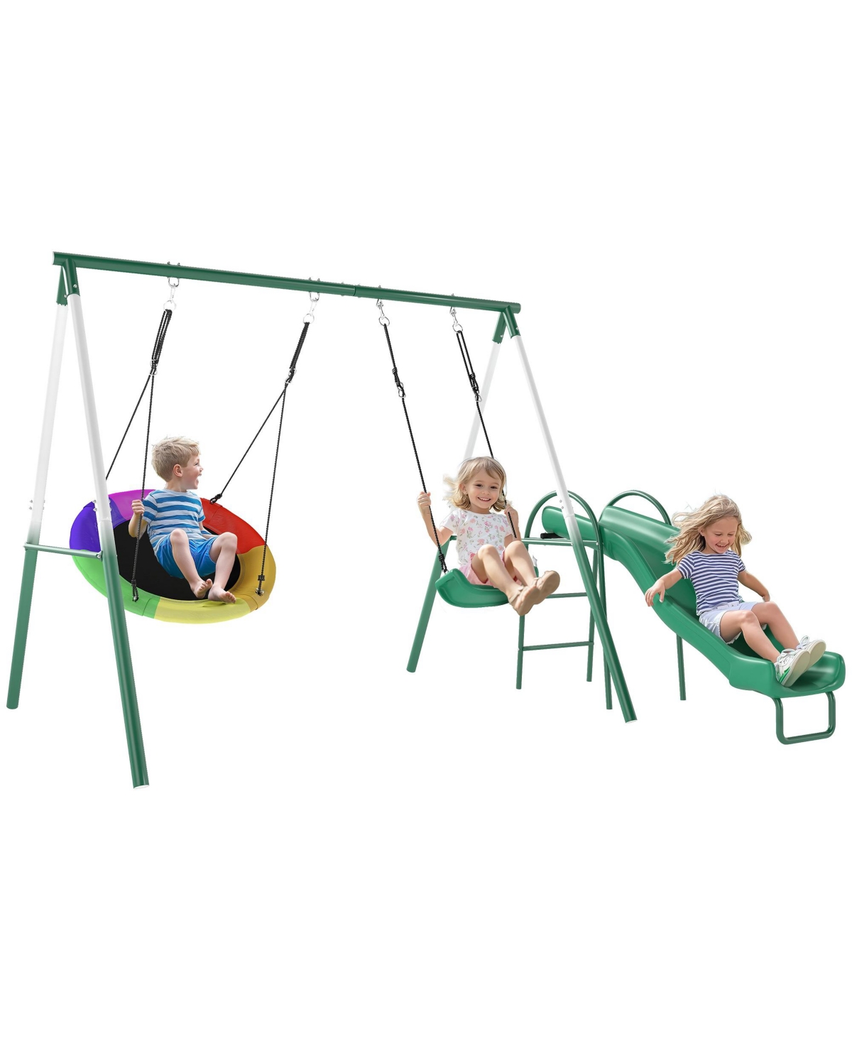 Glintex Metal Heavy-Duty A-Frame Swing Set with Slide and Saucer Swing, Adjustable Ropes, For 3 Children, Ages 3+ - Dark green