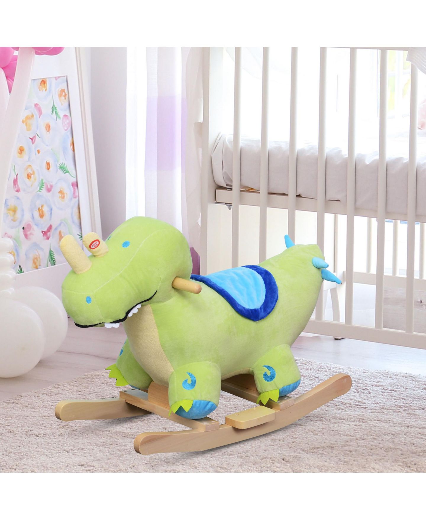Детская мягкая игрушка Glintex Plush Ride-On Rocking Dinosaur with Realistic Sounds, 17.75" H, Wooden Base, Rocker, Holds 66 lbs, Ages 18 Months+, цвет: Зелёный — фото 9