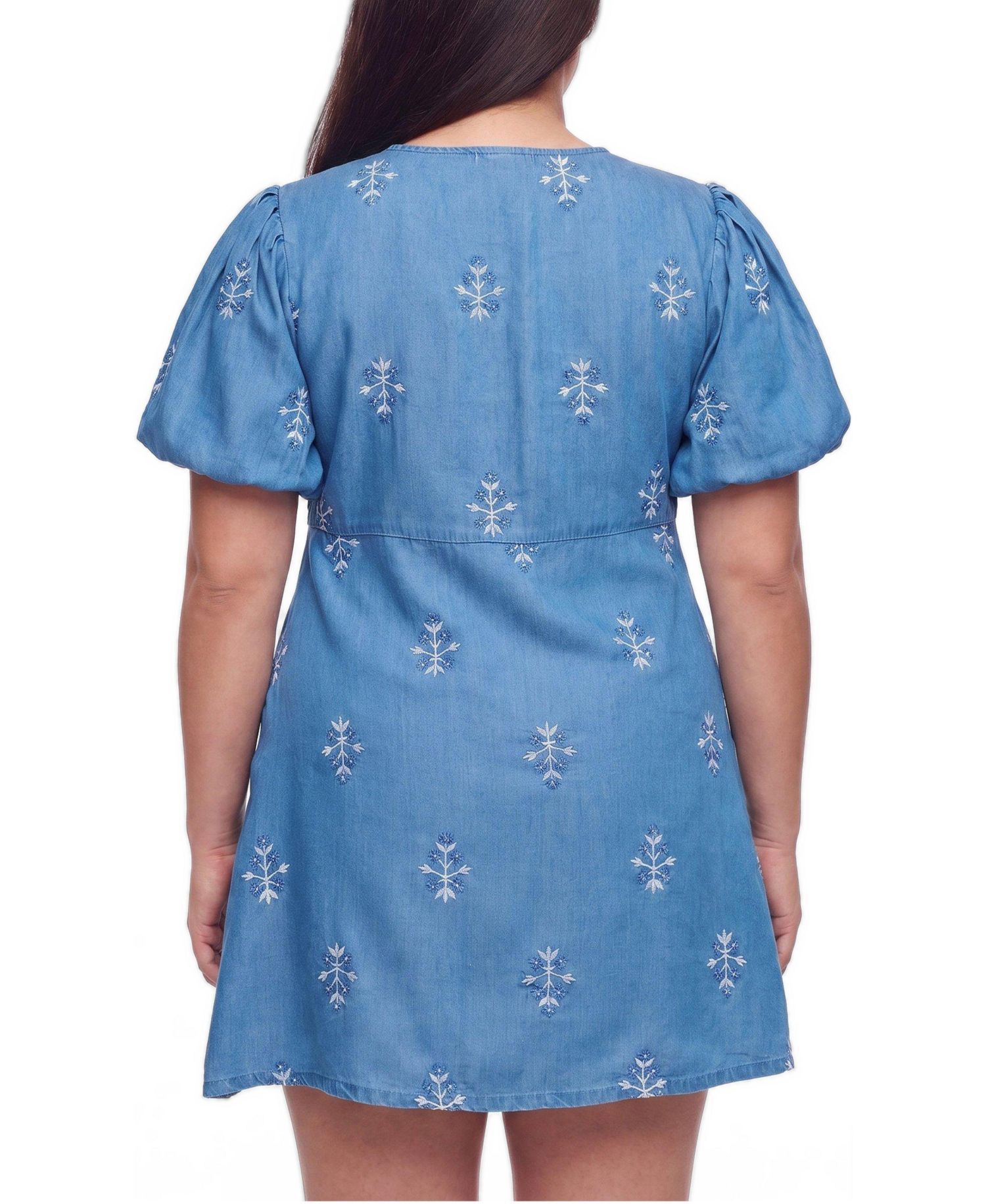 Plus Size Belle Isle Puff-Sleeve Embroidered Chambray Mini Dress
