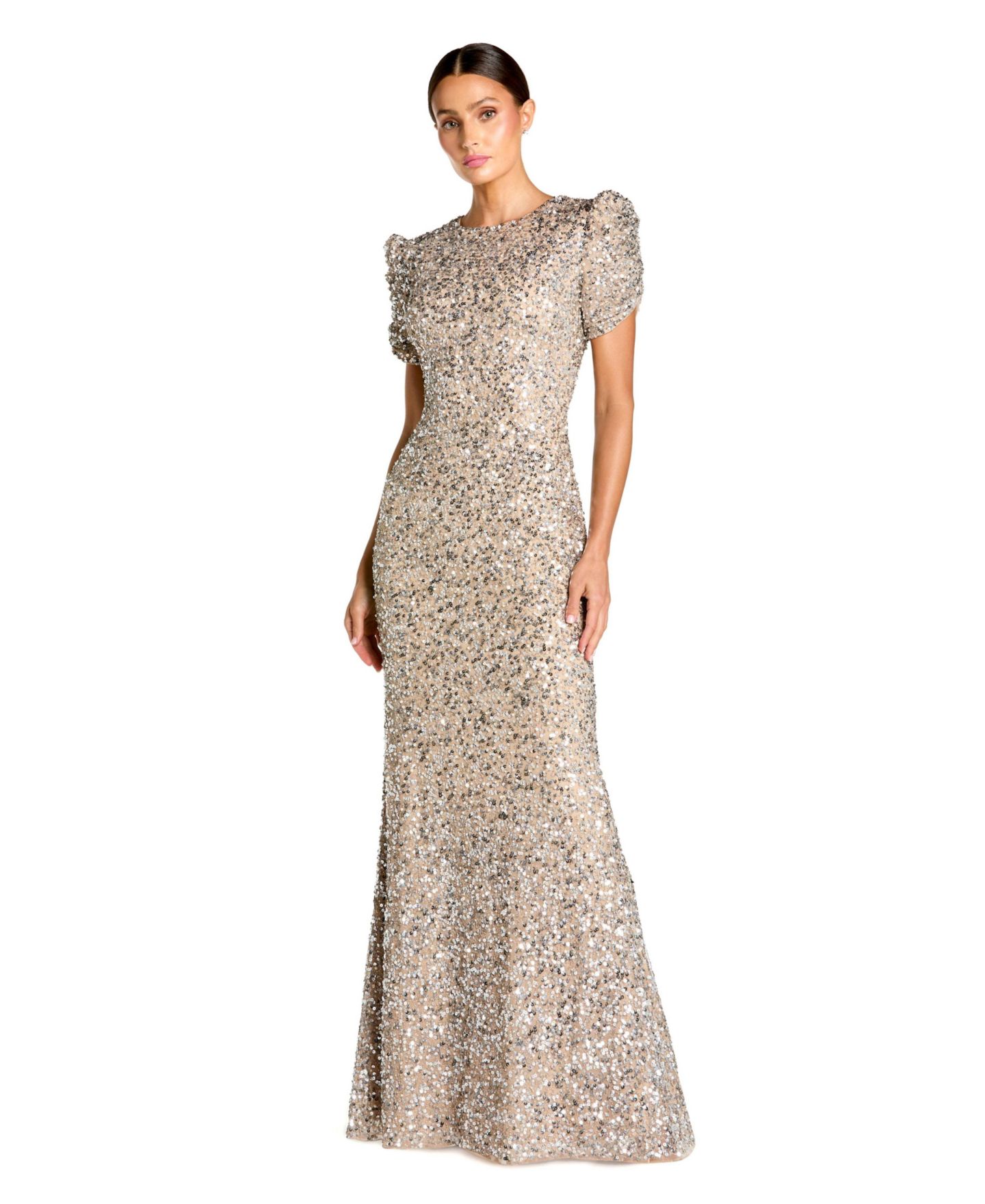 Женское платье Mac Duggal High-Neck Short-Sleeve Sequin Gown, цвет: Телесный серебряный — фото 1