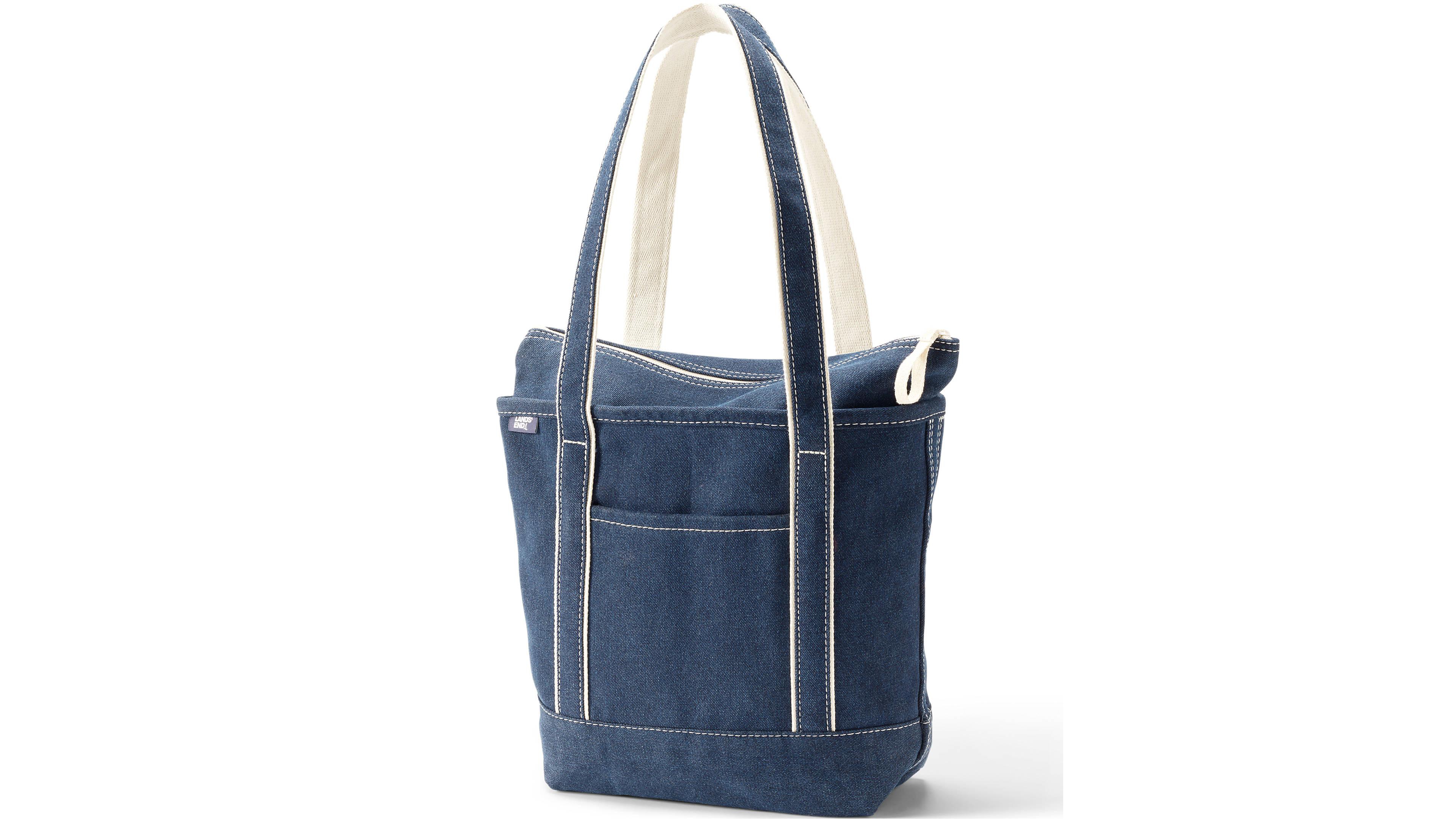 Lands' End Medium Denim Long Handle Zip Top Tote Bag