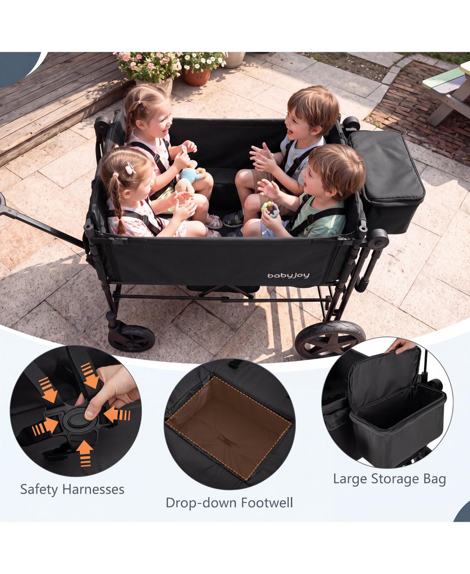 Foldable Wagon Stroller for 4 Kids with Removable Canopy