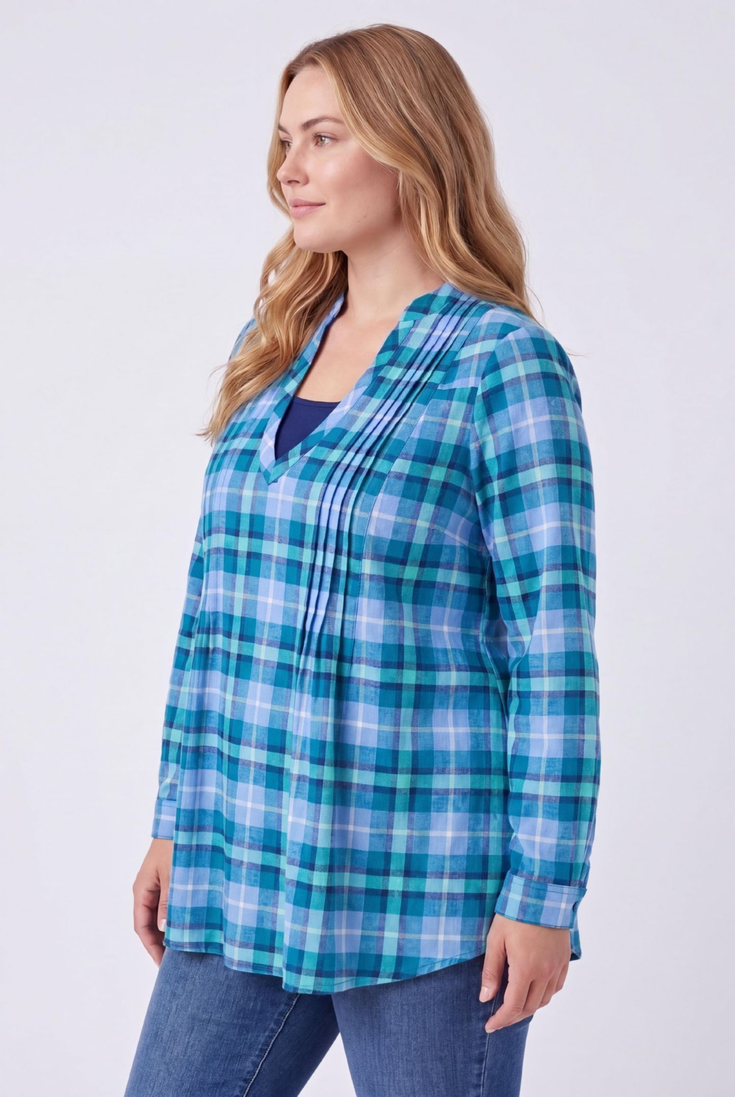 Женский топ Woman Within Within Flannel Tunic With Layered Look, цвет: Синий клетчатый — фото 4
