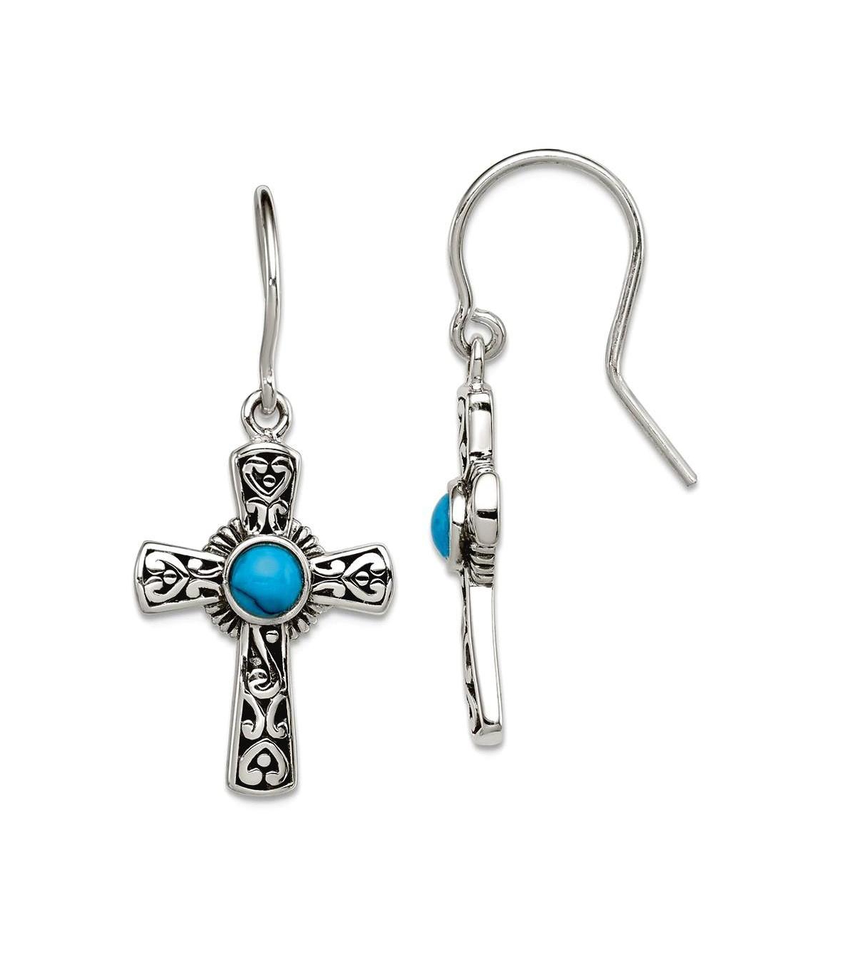 Curata Jewelry 925 Sterling Silver Antiqued Simulated Turquoise Cross Hook Dangle Earrings 33x16mm