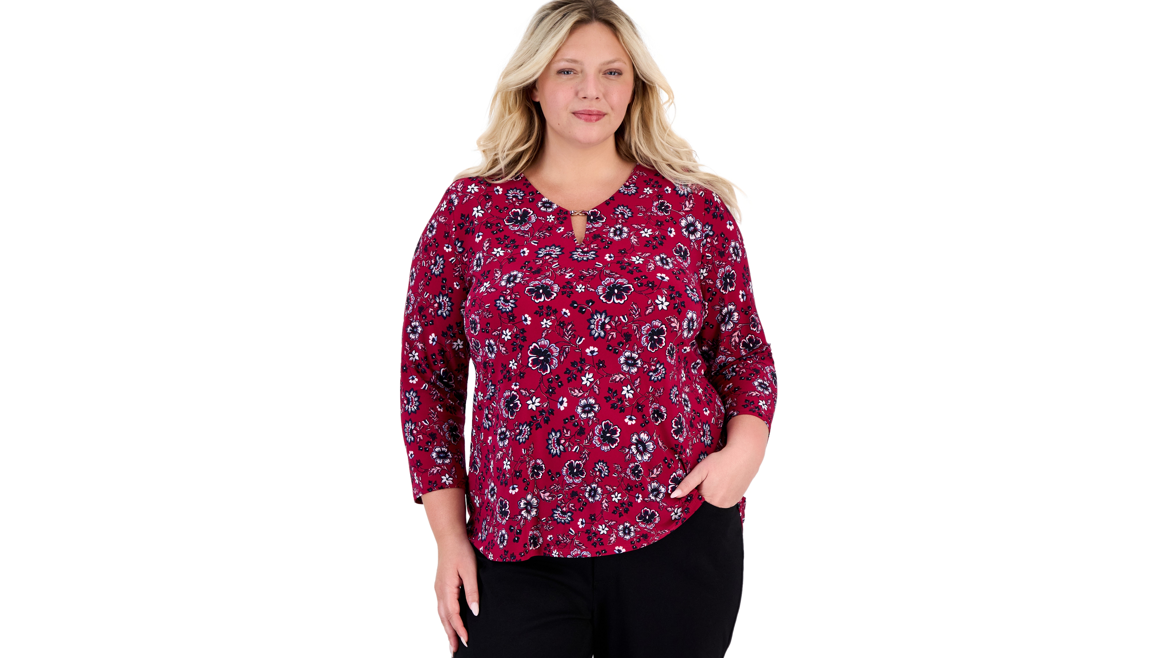 Jones New York Plus Kissing Trim Top Printed Floral-Print V-Neck 3/4-Sleeve Blouse