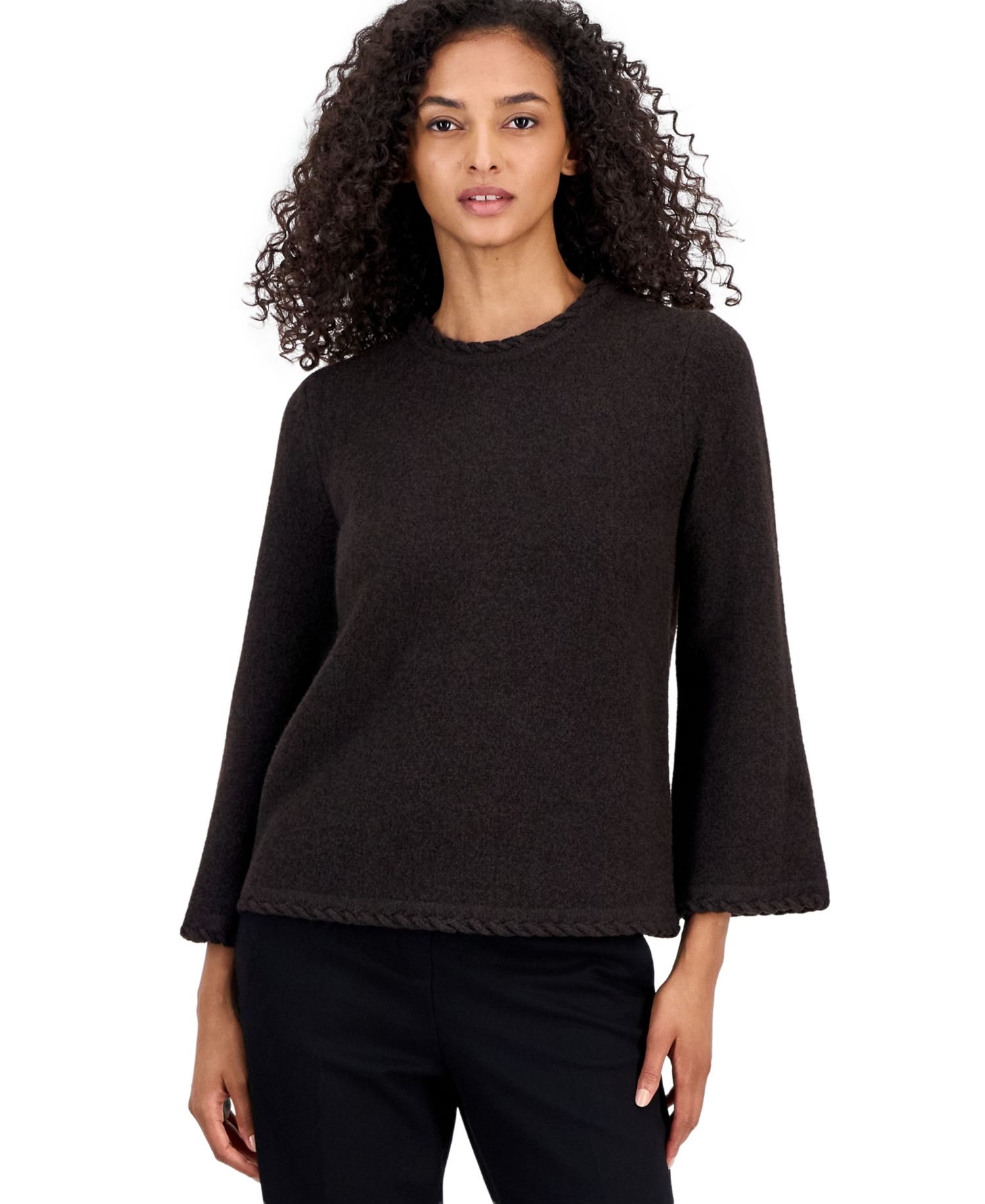 Petite Braided-Trim Long-Bell-Sleeve Sweater