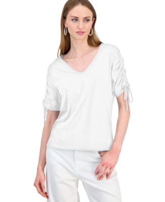 Women's Ruched-Sleeve V-Neck Cotton T-Shirt