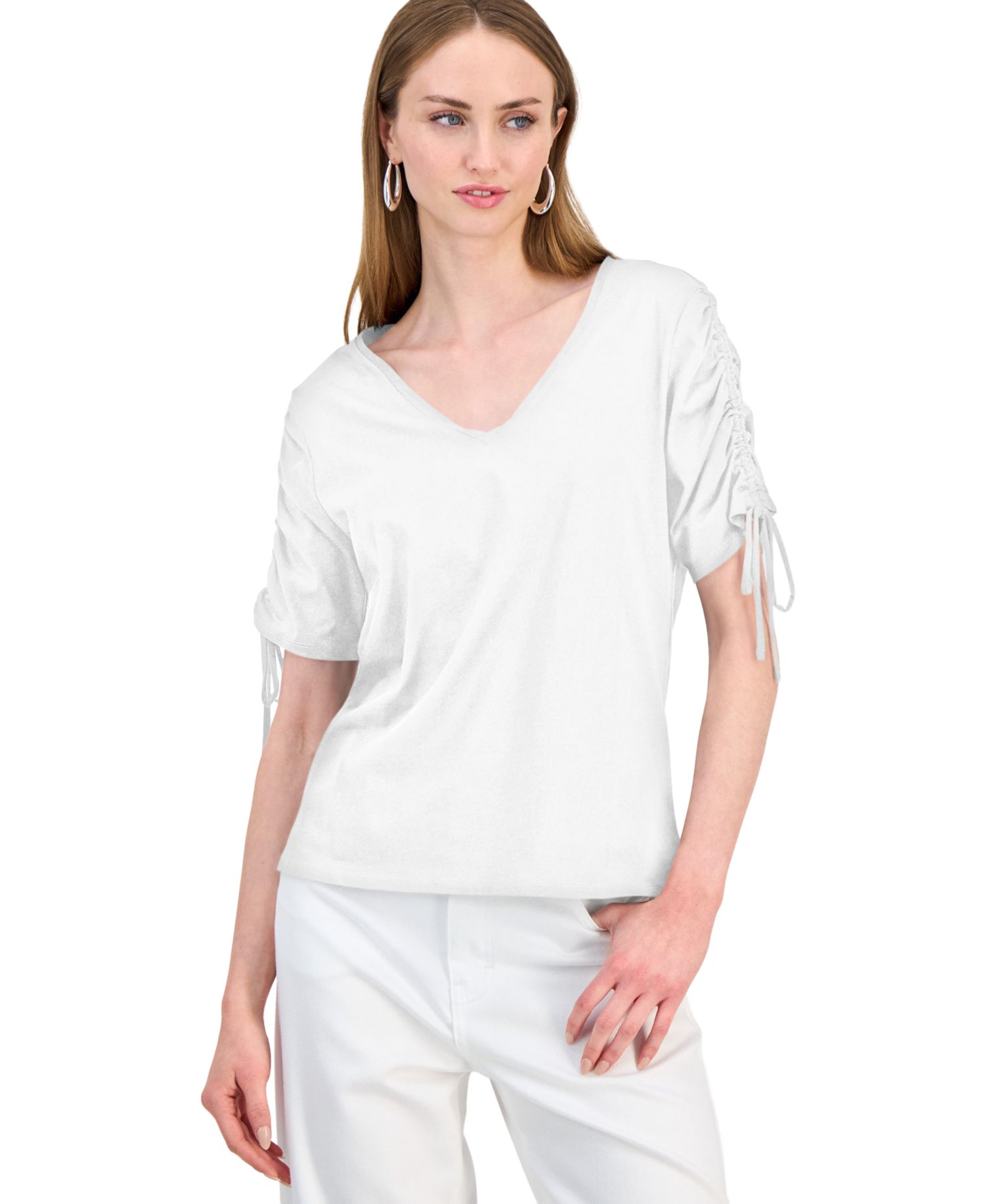 Women's Ruched-Sleeve V-Neck Cotton T-Shirt