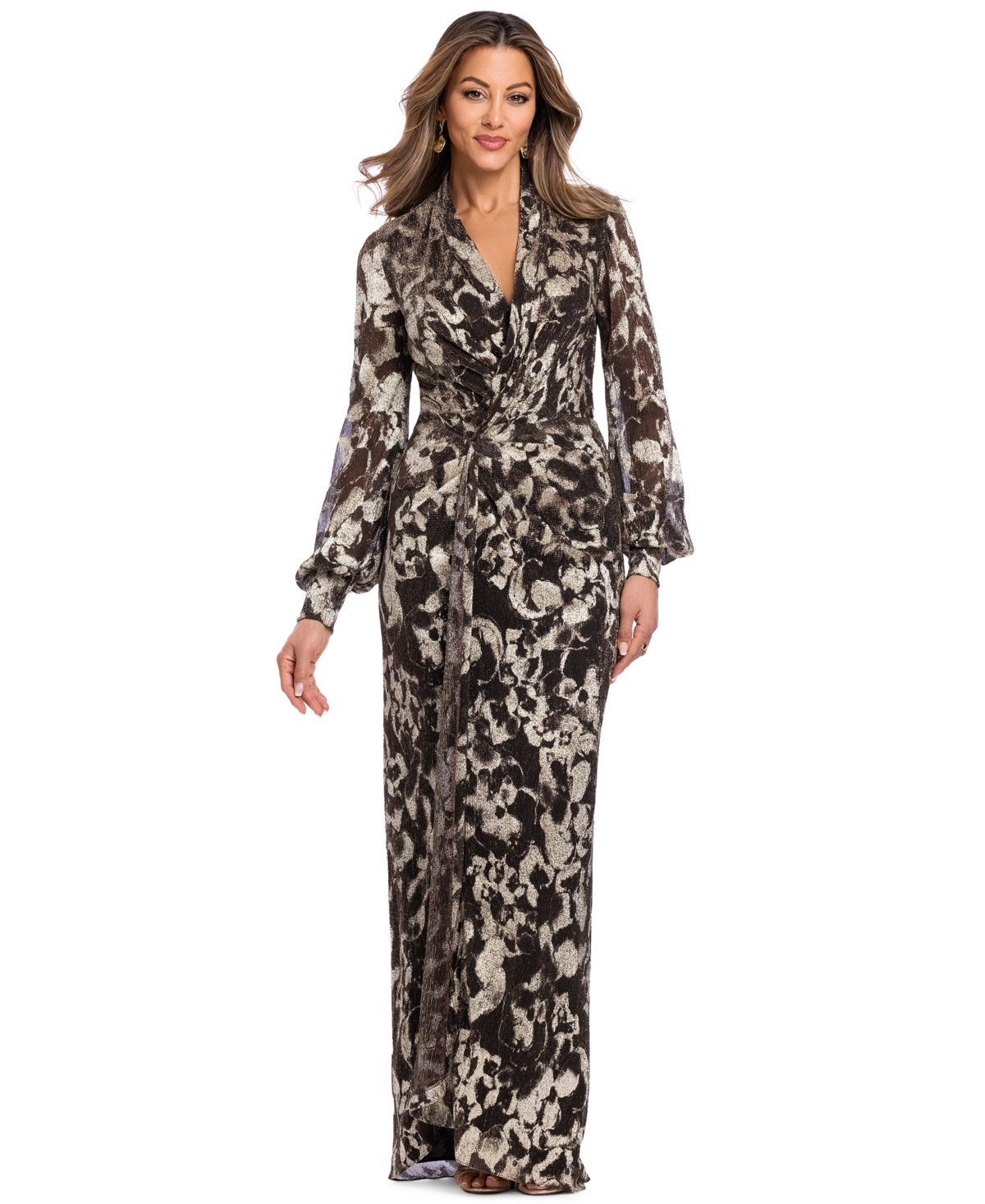 Betsy & Adam Plus Size V-Neck Gown - Brown Gold