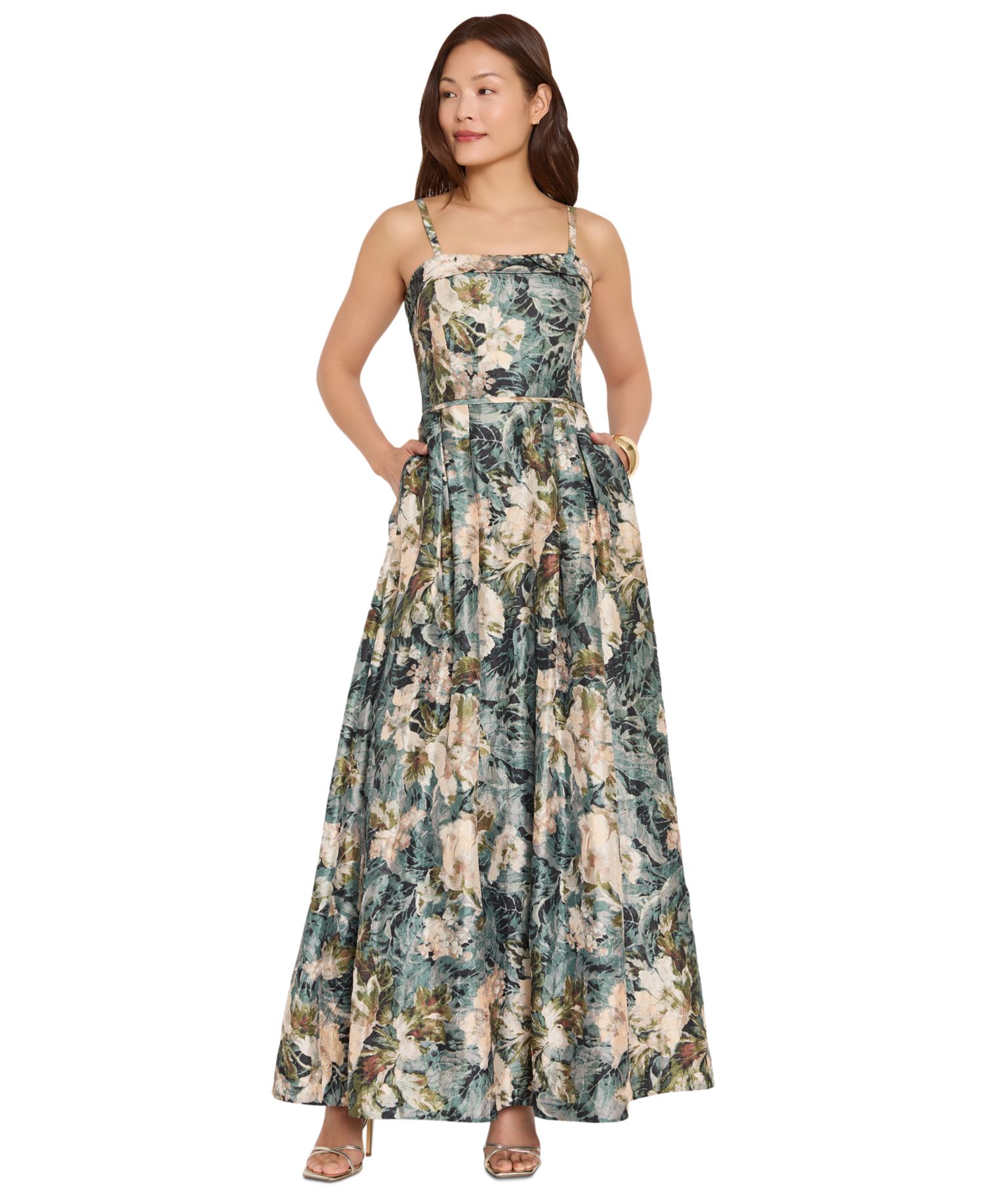 Women's Square Neck Floral Printed Ball Gown