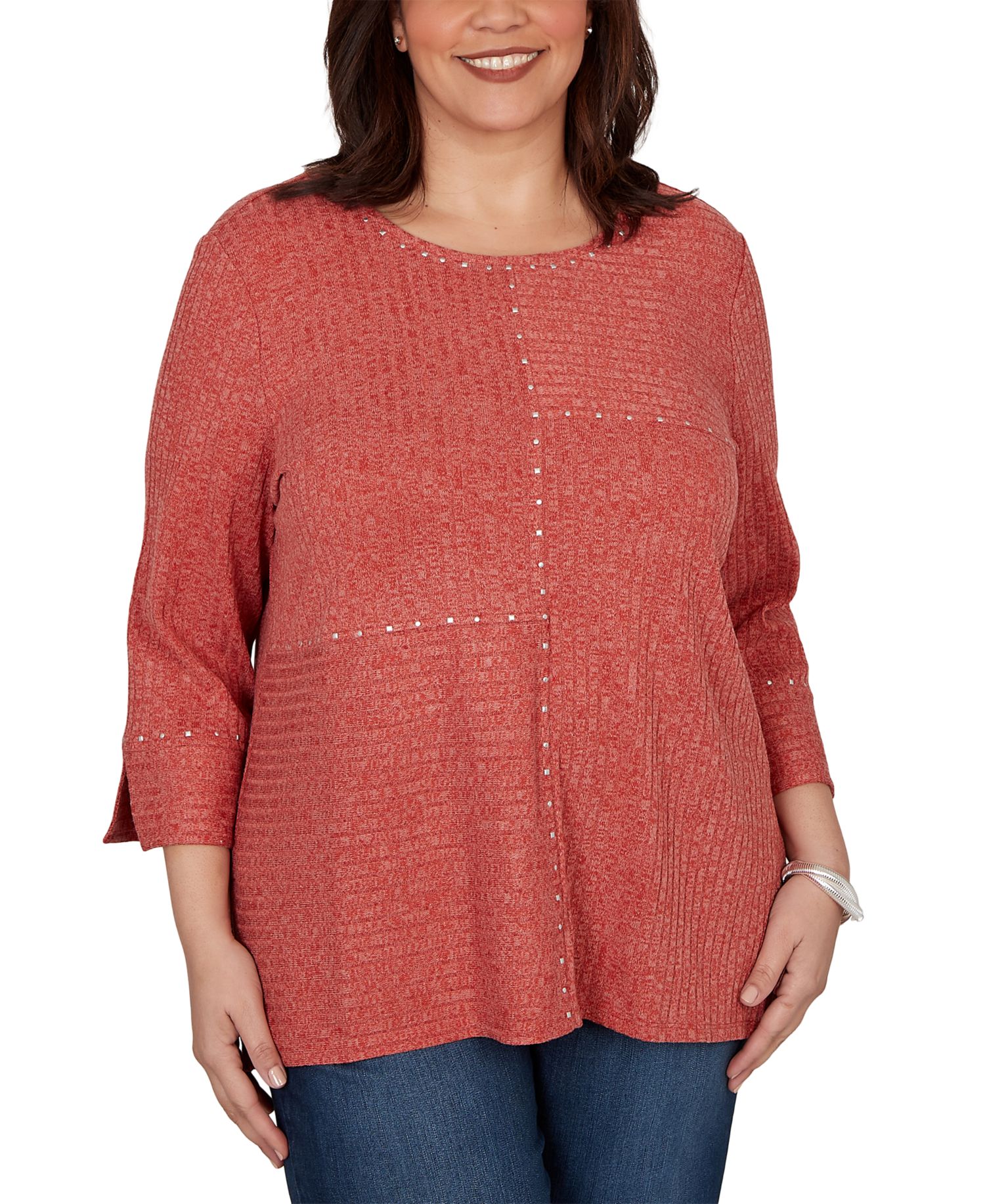 Plus Size Spliced Texture Metallic Studded Top