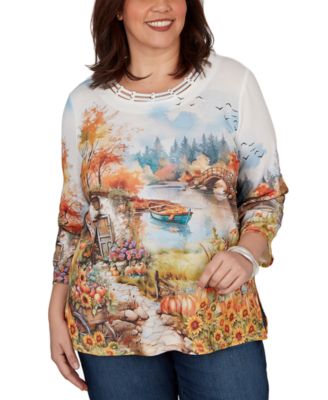 Plus Size Autumn Lake Scenic Print Top