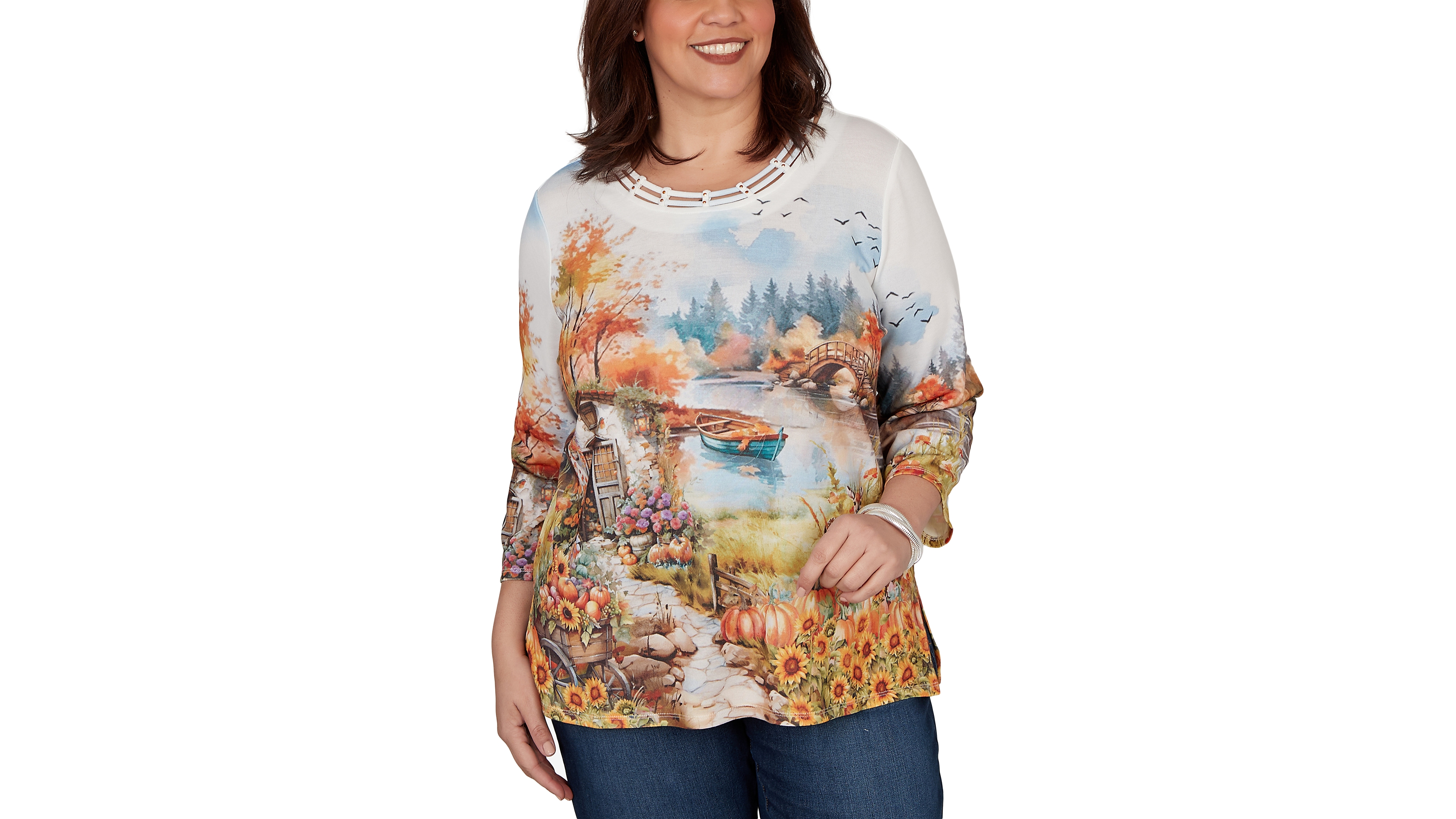 Alfred Dunner Plus Autumn Lake Scenic Print Top