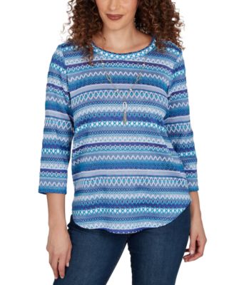 Petite Textured-Stripe 3/4-Sleeve Crewneck T-Shirt