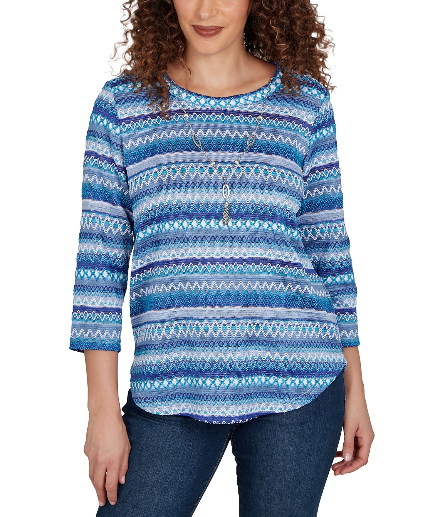 Женская футболка Alfred Dunner Petite Textured-Stripe 3/4-Sleeve Crewneck, цвет: Синий — фото 1