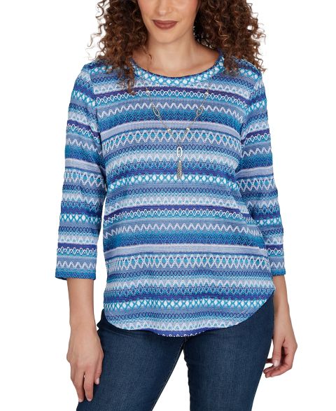 Женская футболка Alfred Dunner Petite Textured-Stripe 3/4-Sleeve Crewneck, цвет: Синий