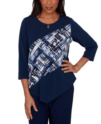 Petite Etched Plaid Diagonal Puff Printed Top