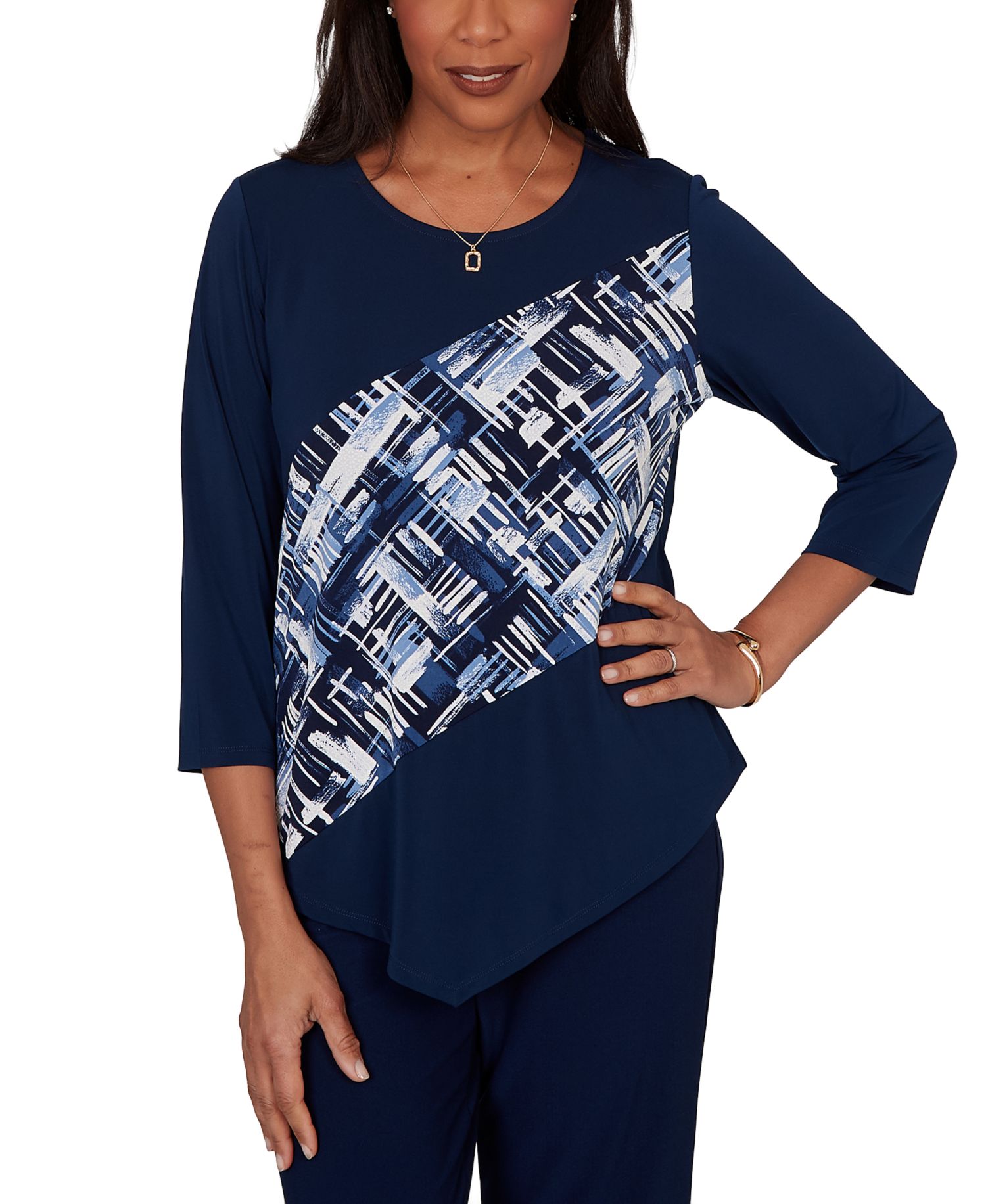 Petite Etched Plaid Diagonal Puff Printed Top