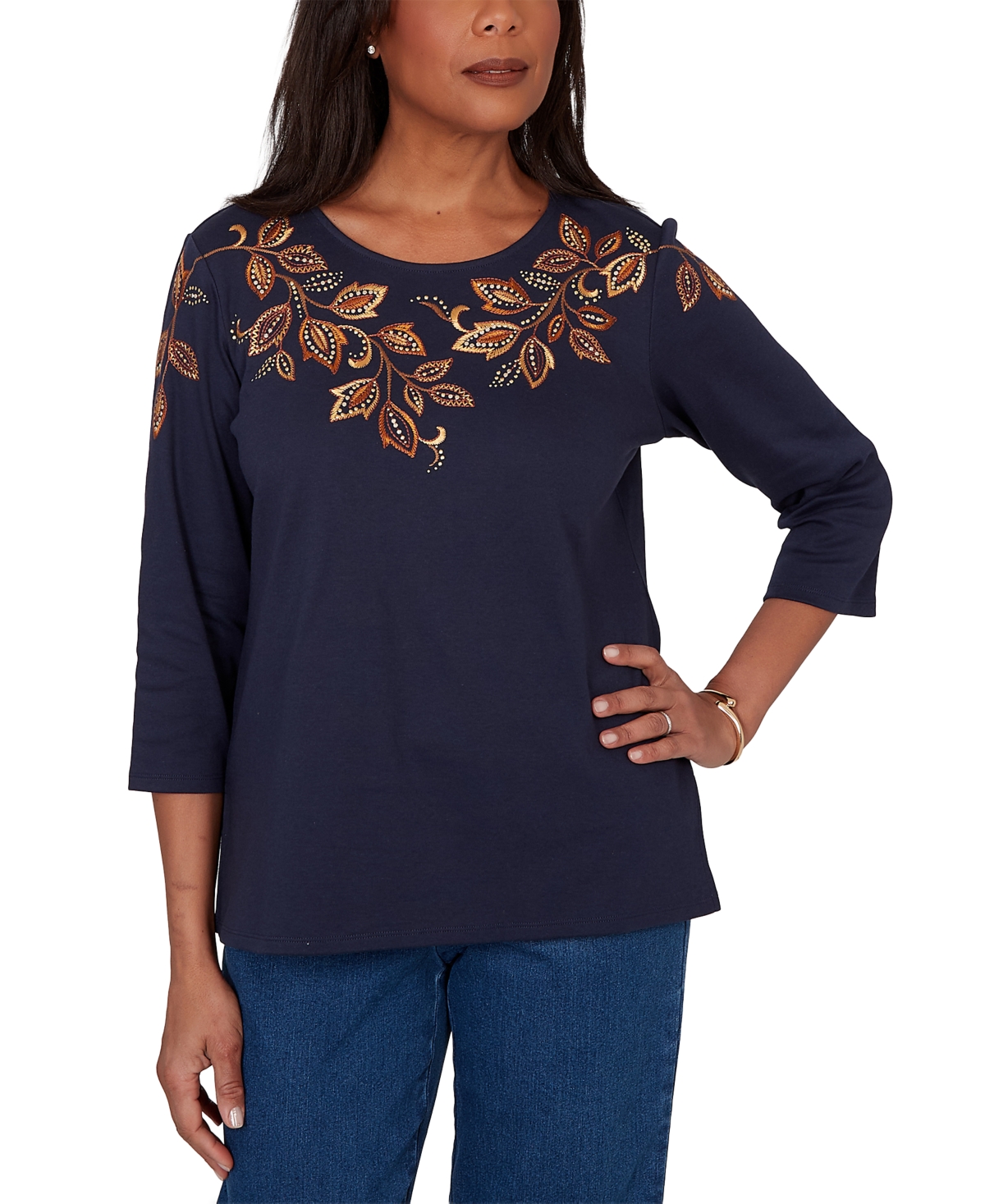 Alfred Dunner Petite Autumn Embroidered Navy Knit Top