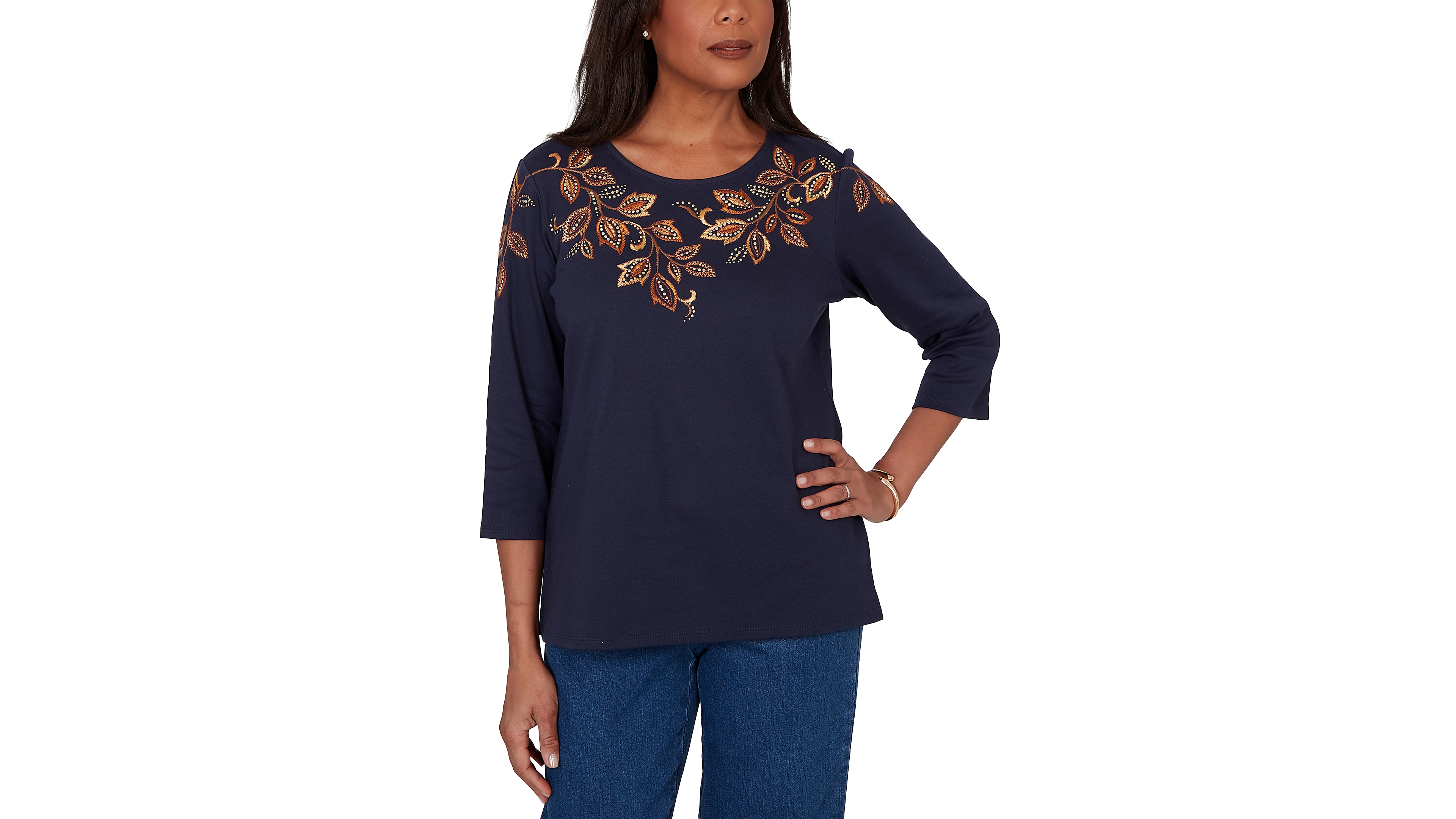 Alfred Dunner Petite Autumn Embroidered Navy Knit Top