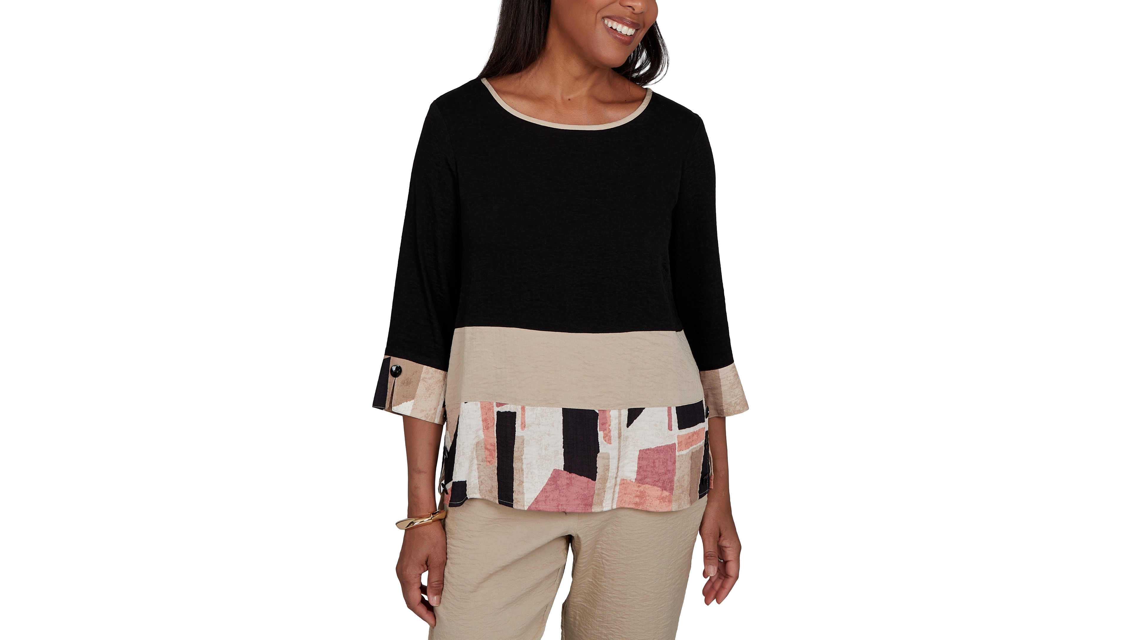 Alfred Dunner Women's Travel Advisory Spliced Patchwork Woven Top