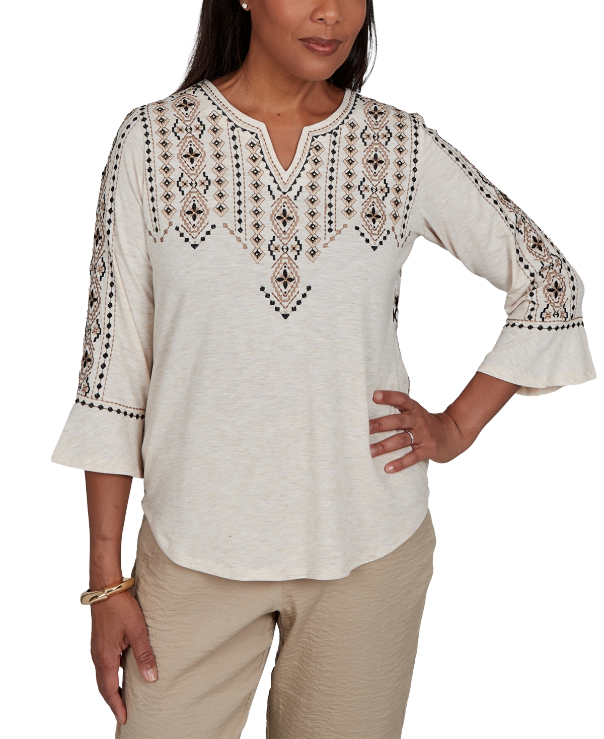 Alfred Dunner Petite Travel Advisory Geo Embroidered Printed Back Top