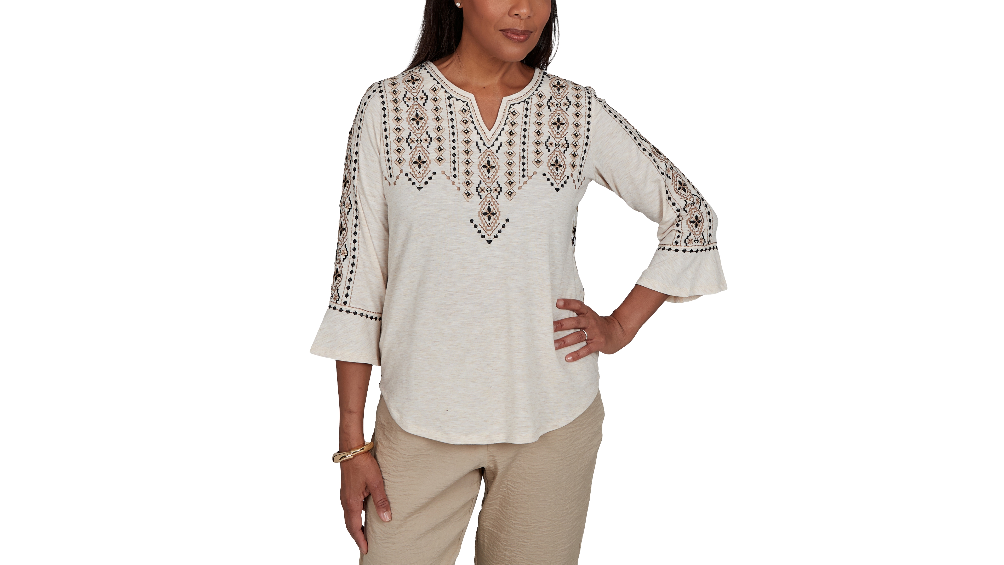 Alfred Dunner Petite Travel Advisory Geo Embroidered Printed Back Top