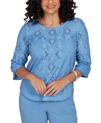 Petite Provence Tonal Diamond Applique Crewneck 3/4-Sleeve Top