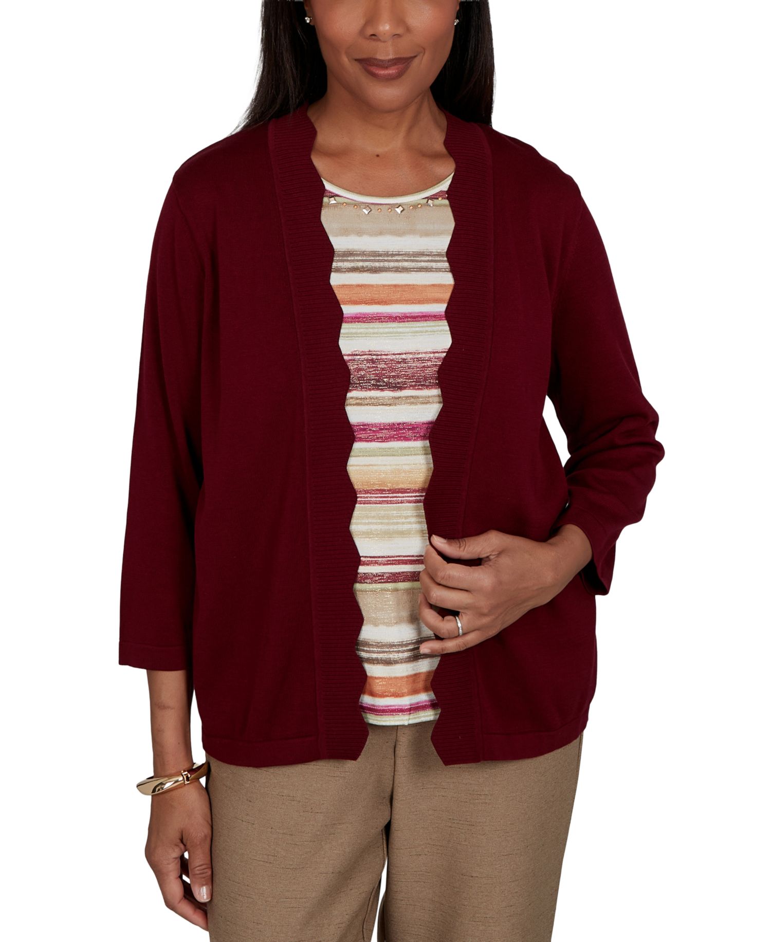Petite Union Square Two-in-One Scalloped Striped Sweater