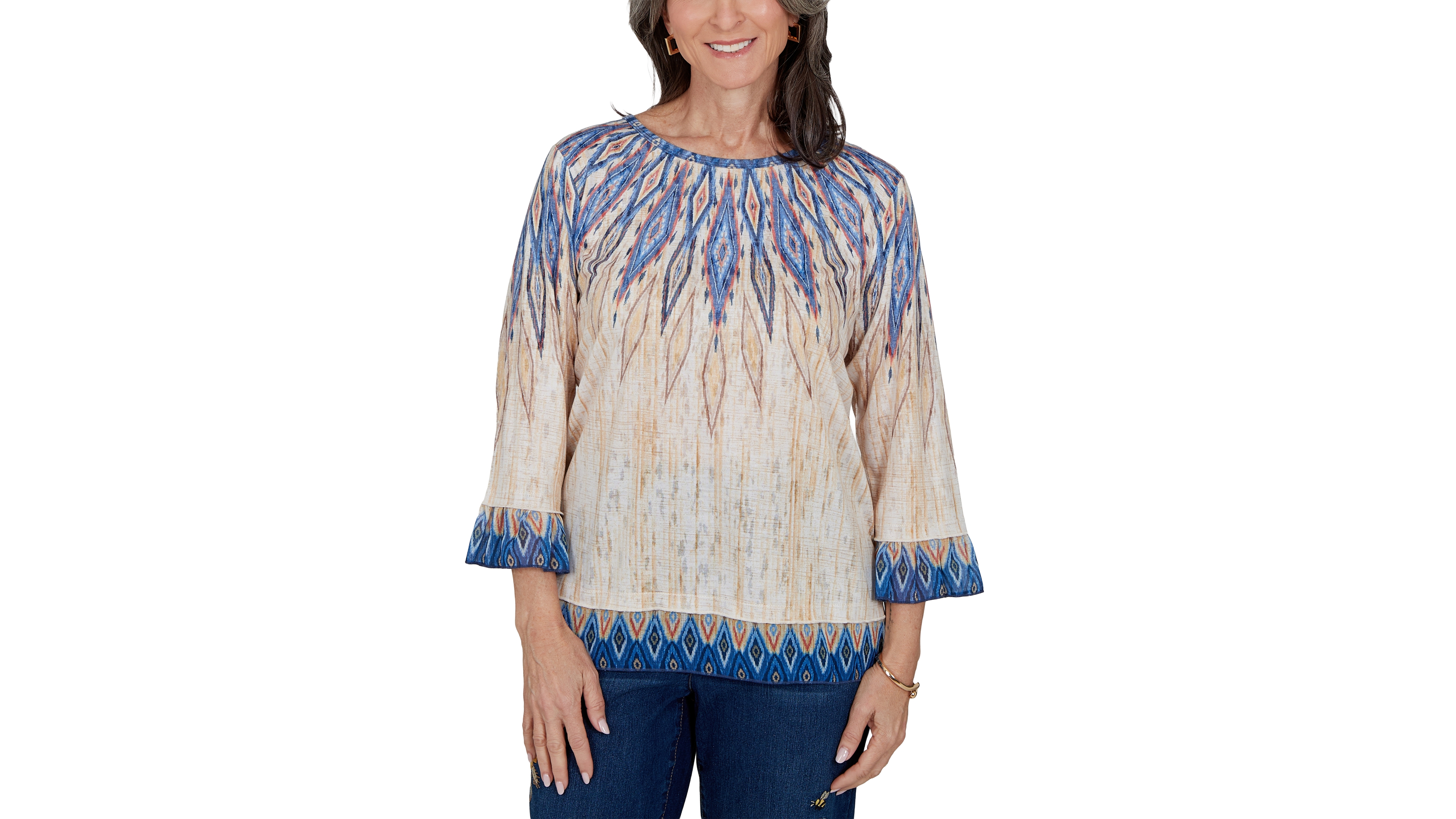 Alfred Dunner Women's Retro-Print Crewneck 3/4-Sleeve Top