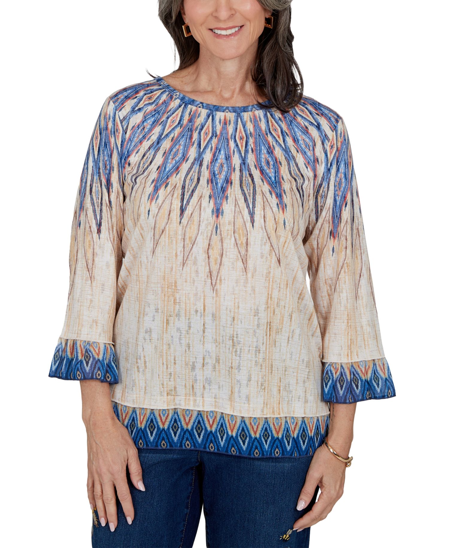 Women's Retro-Print Crewneck 3/4-Sleeve Top
