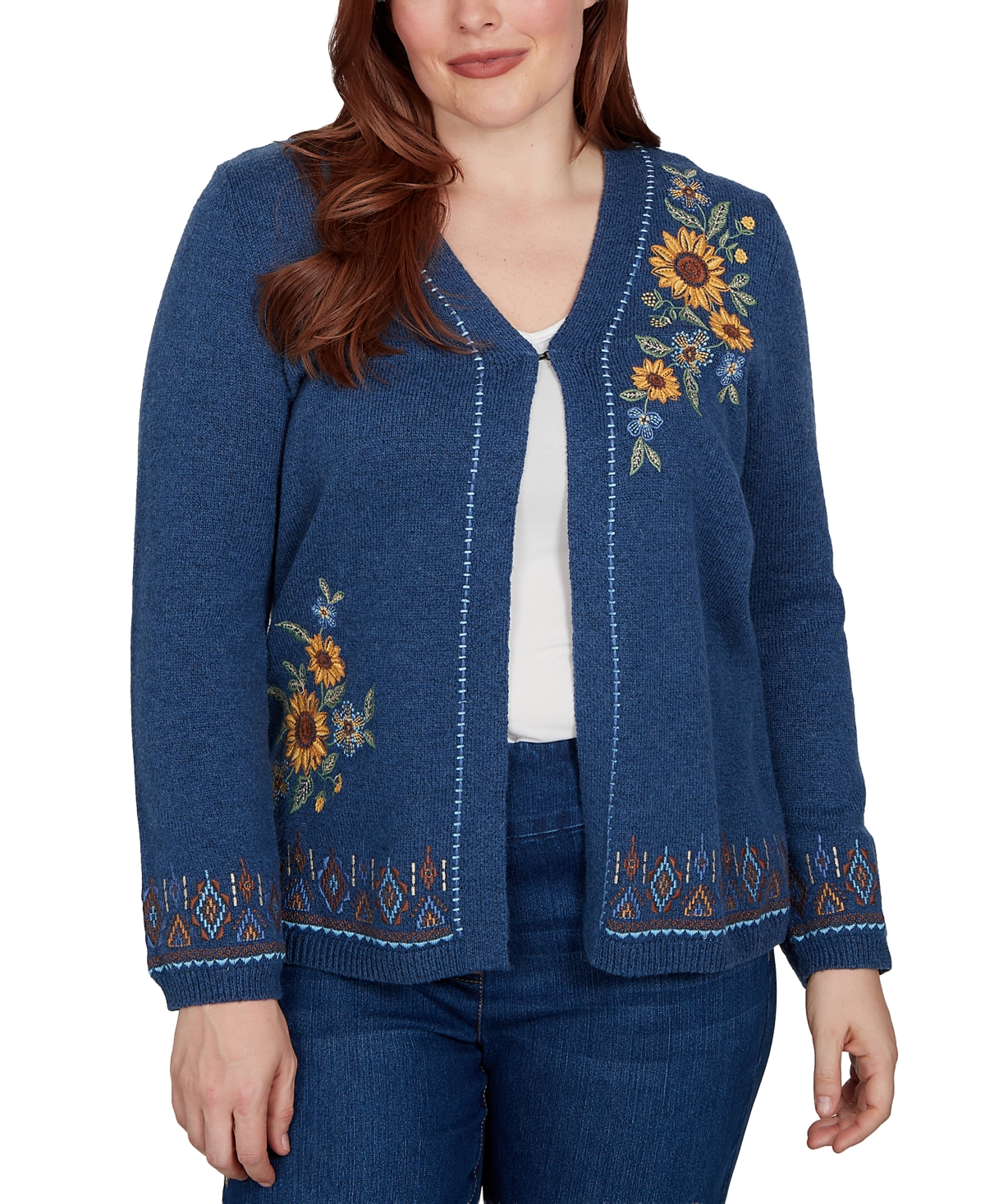 Alfred Dunner Women's Floral-Embroidery Long-Sleeve V-Neck Cardigan
