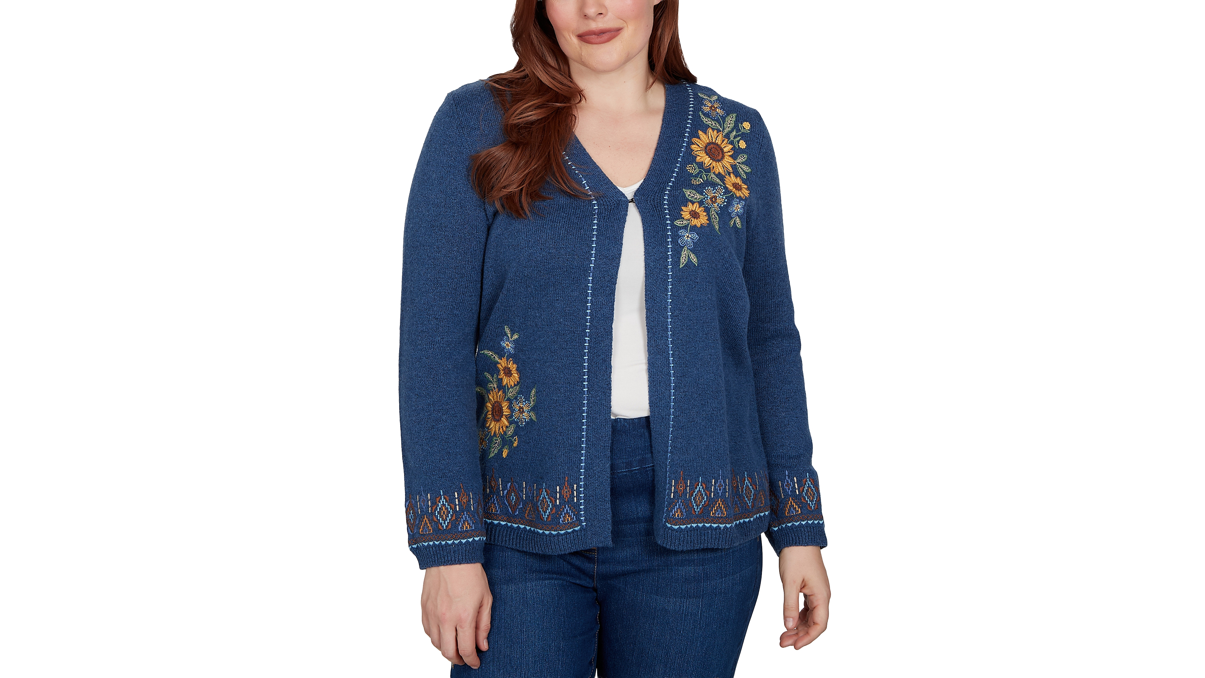 Alfred Dunner Women's Floral-Embroidery Long-Sleeve V-Neck Cardigan