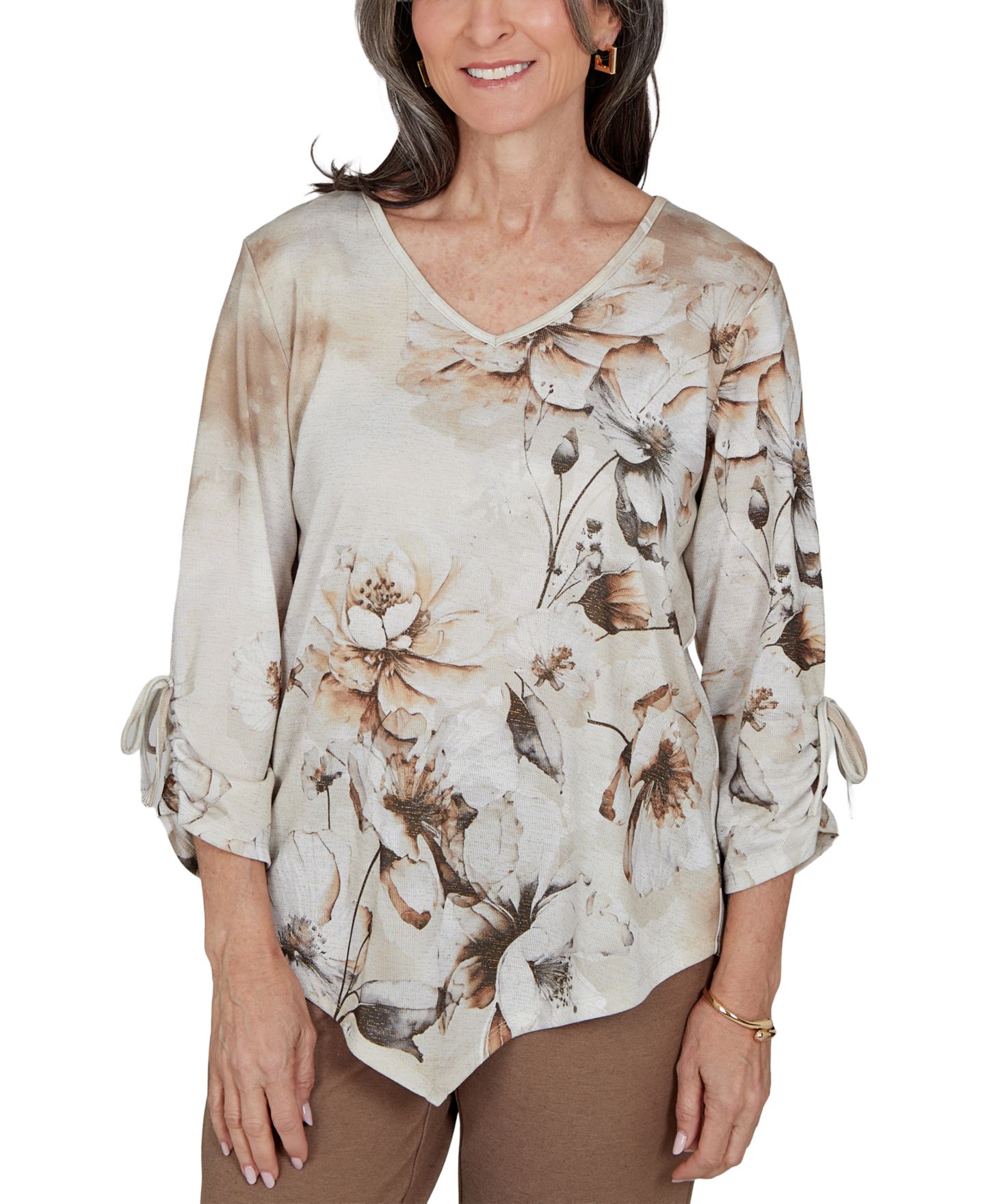 Женская блузка Alfred Dunner Petite Floral-Print 3/4-Sleeve V-Neck, цвет: Разноцветный — фото 1