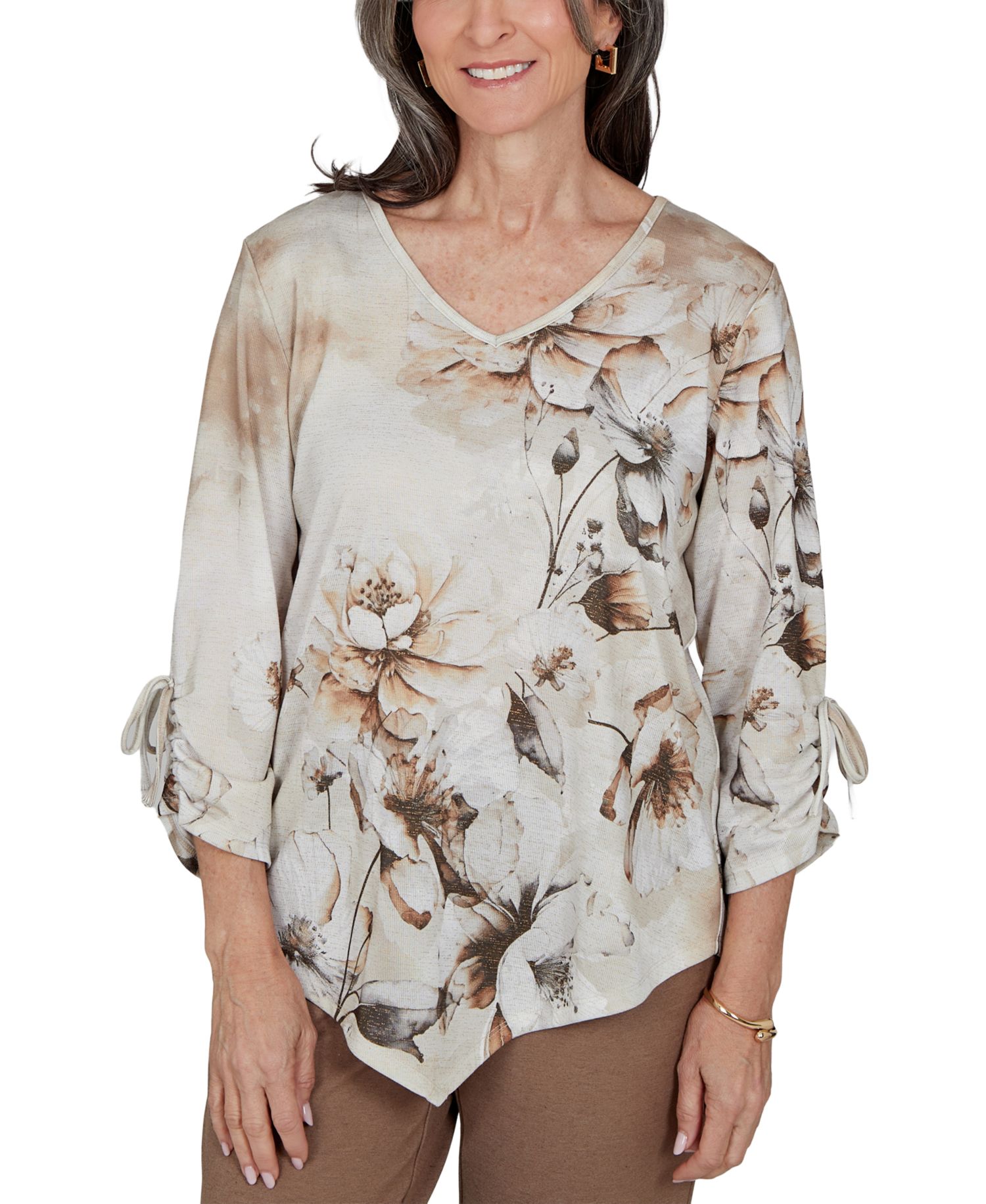 Petite Floral-Print 3/4-Sleeve V-Neck Blouse