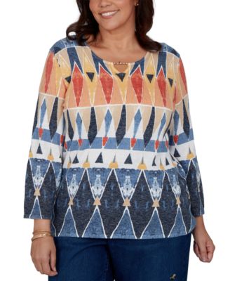 Plus Size 3/4-Sleeve Geometric-Print Keyhole Pullover Sweater