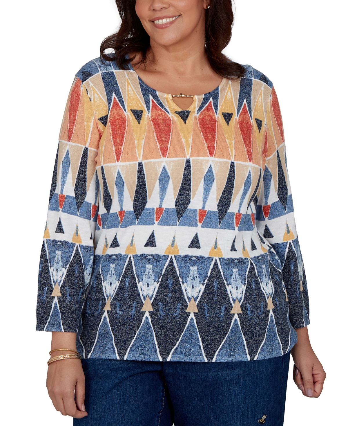 Alfred Dunner Plus 3/4-Sleeve Geometric-Print Keyhole Pullover Sweater