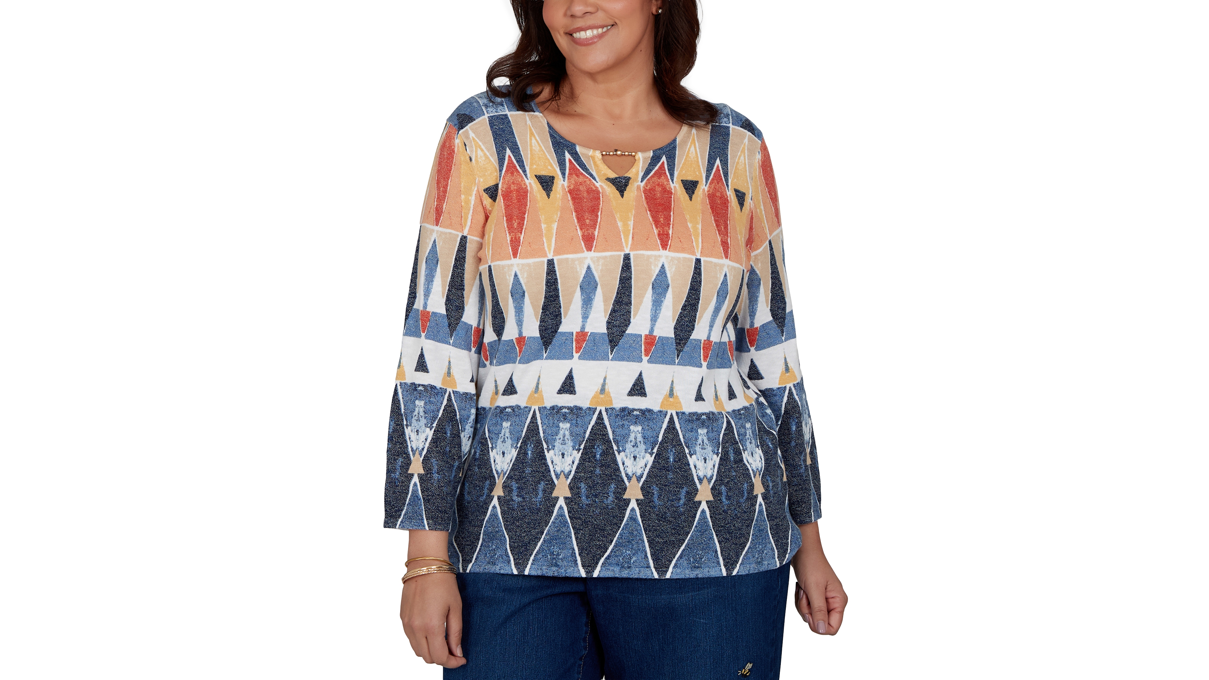 Alfred Dunner Plus 3/4-Sleeve Geometric-Print Keyhole Pullover Sweater