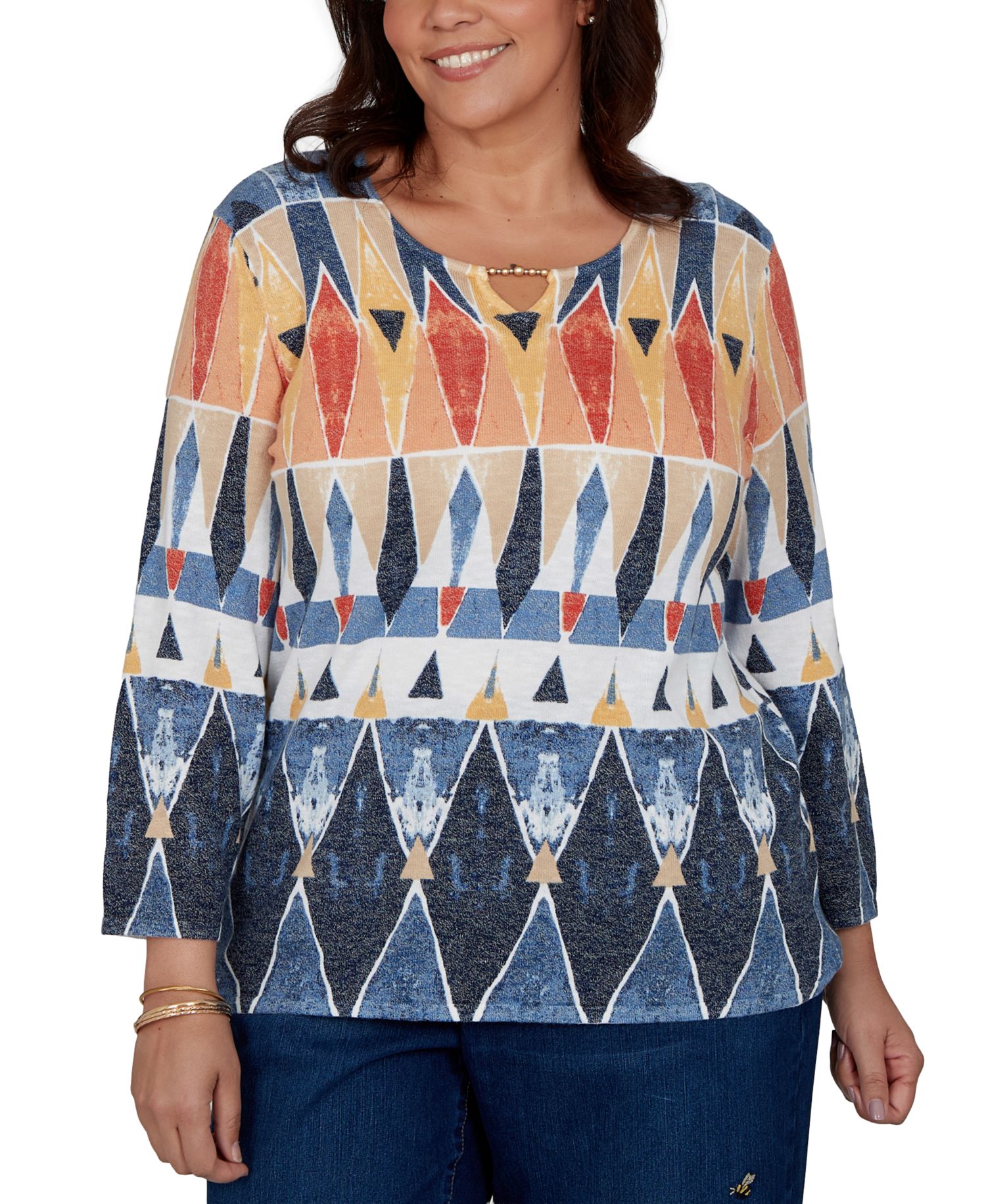 Plus Size 3/4-Sleeve Geometric-Print Keyhole Pullover Sweater