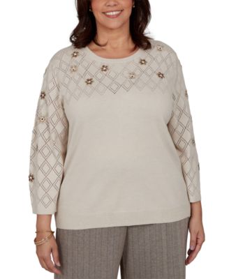 Plus Size 3/4-Sleeve Crewneck Pullover Sweater