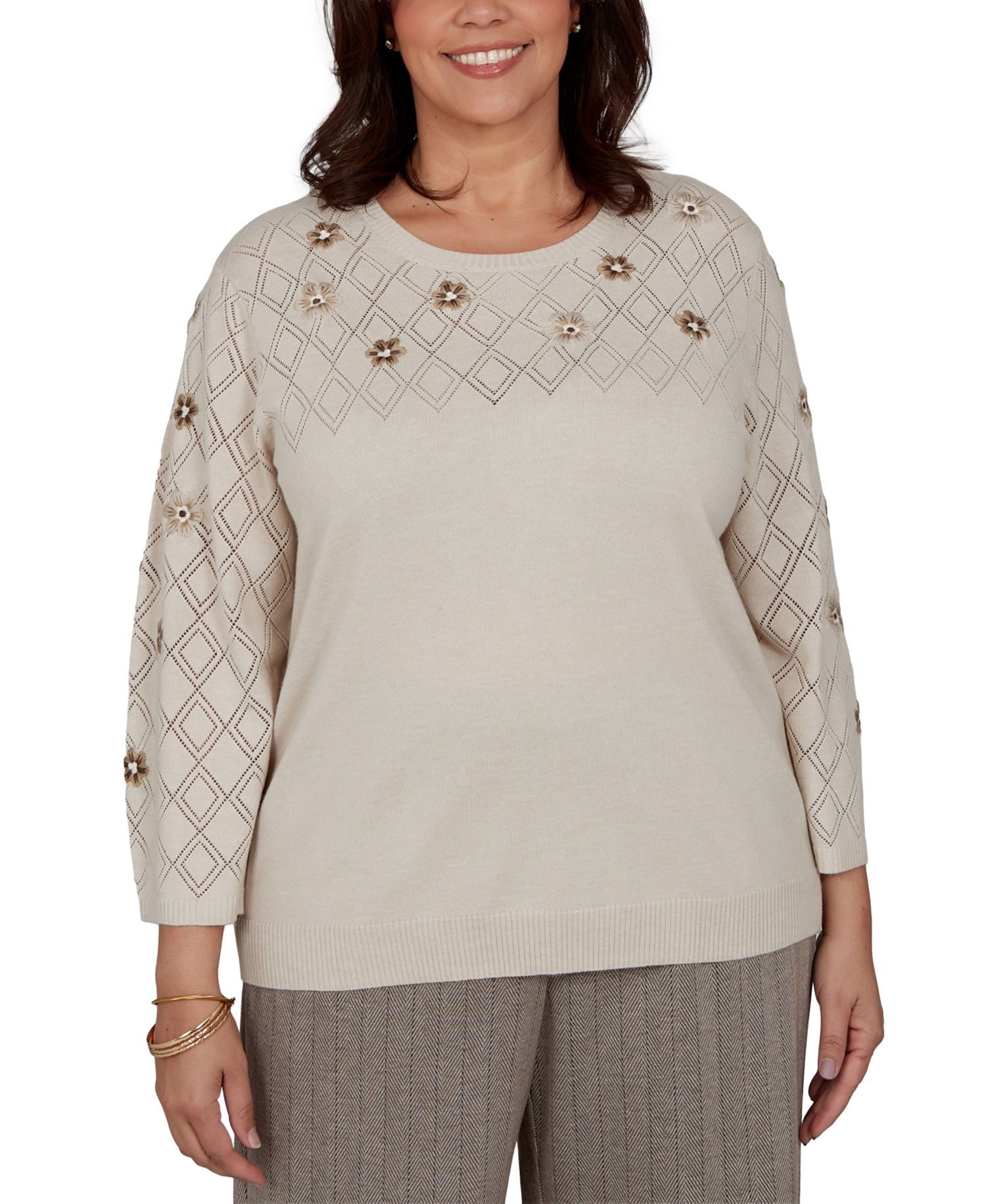 Plus Size 3/4-Sleeve Crewneck Pullover Sweater