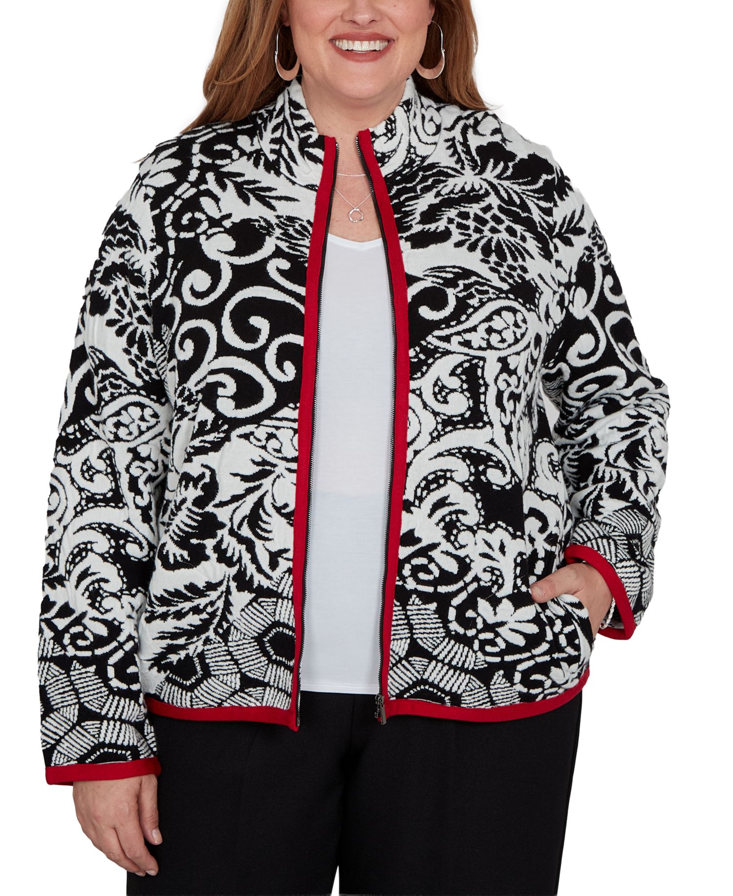 Plus Size Stand Collar Zipper-Front Short Jacket