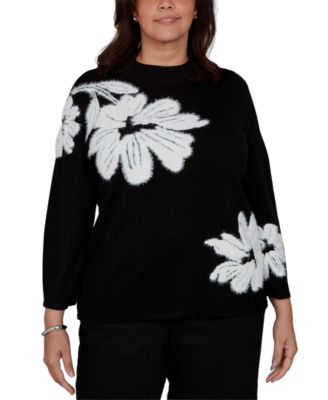 Plus Size 3/4-Sleeve Floral-Print Crewneck Pullover Sweater