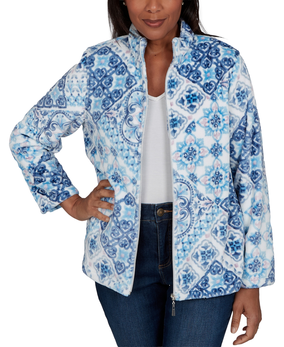 Alfred Dunner Women's Classic Soft Medallion Zip Front Jacket