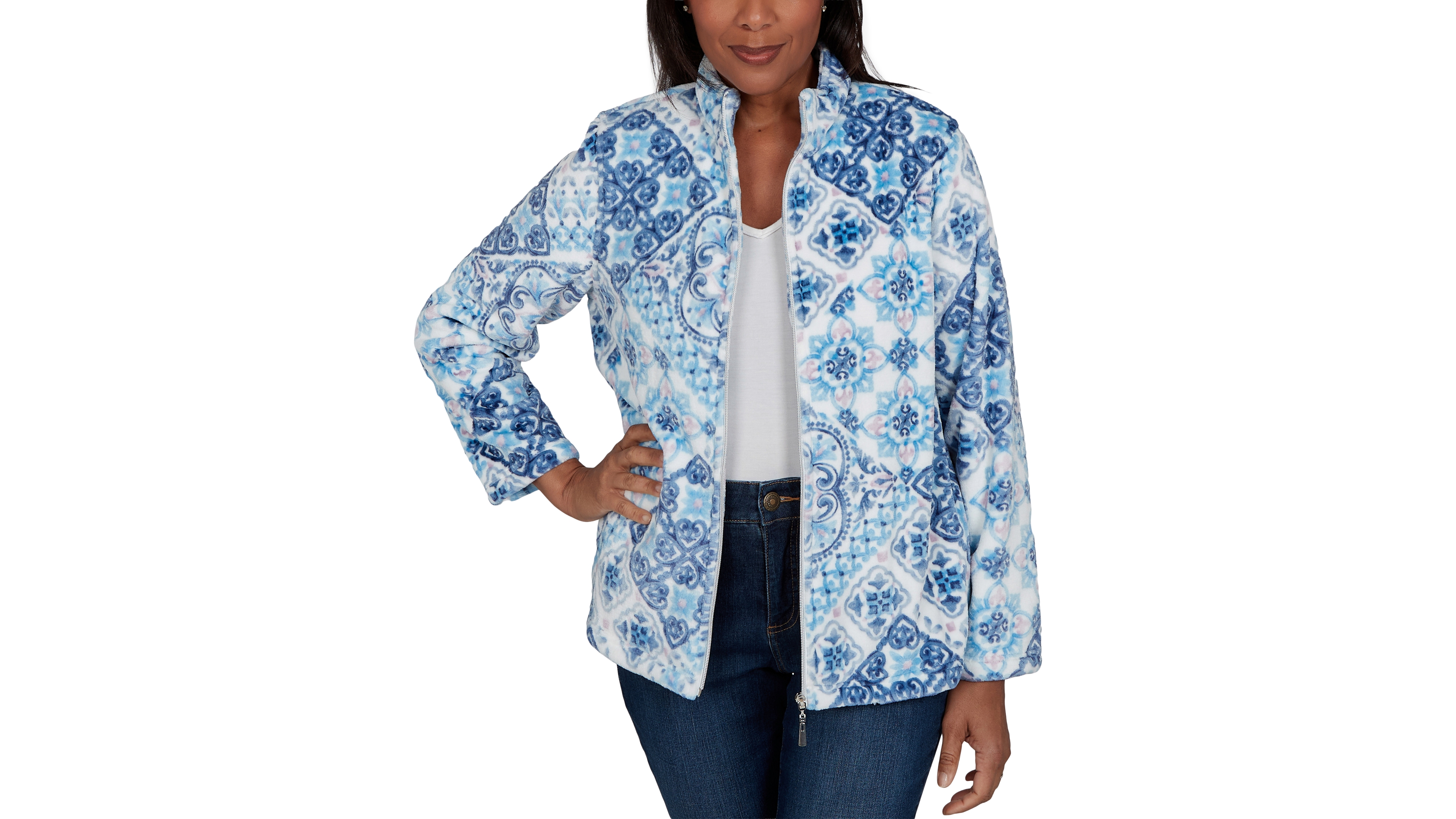Alfred Dunner Women's Classic Soft Medallion Zip Front Jacket