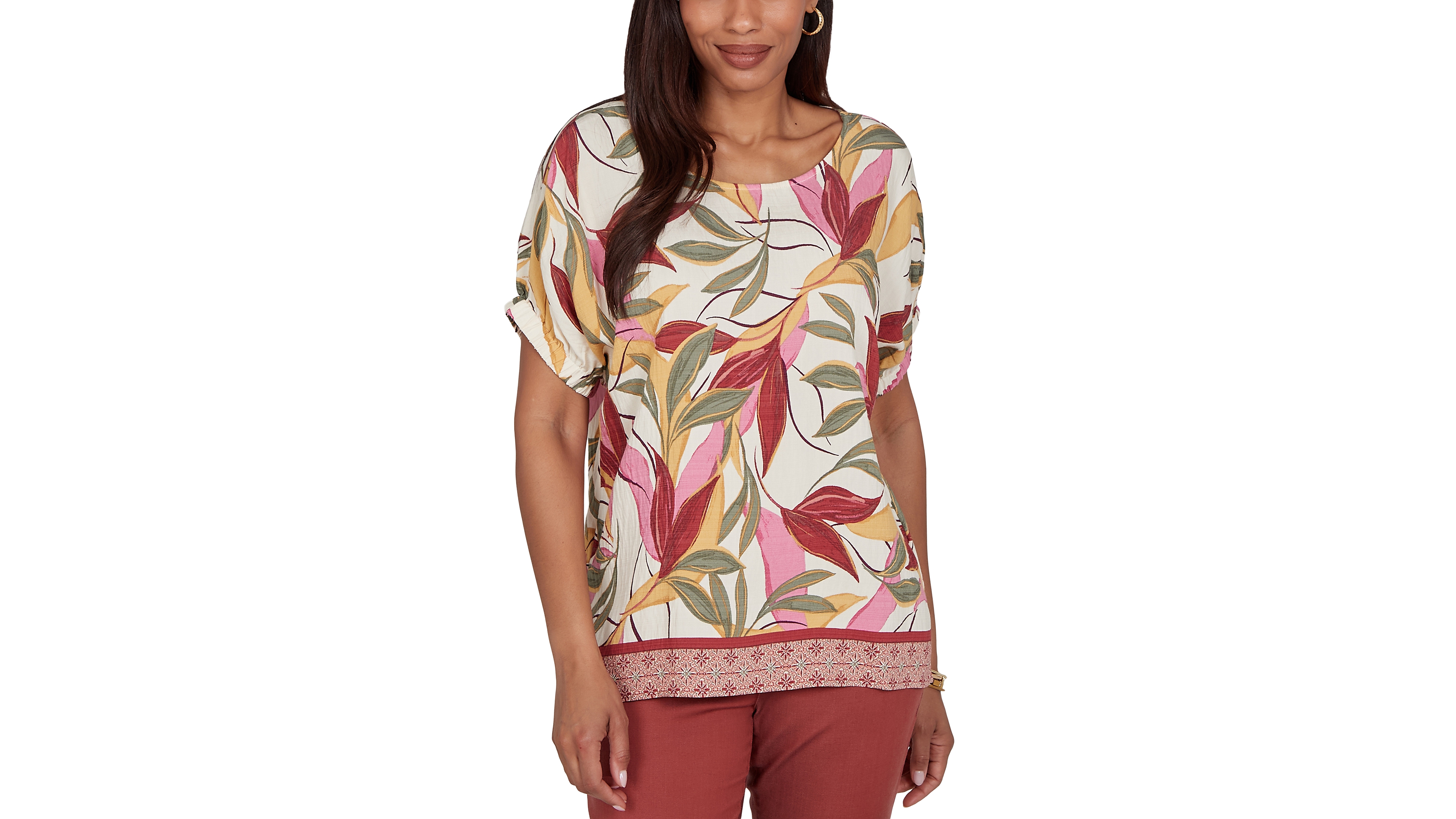 Ruby Rd. Petite Textured Leaf Print Short-Sleeve Top