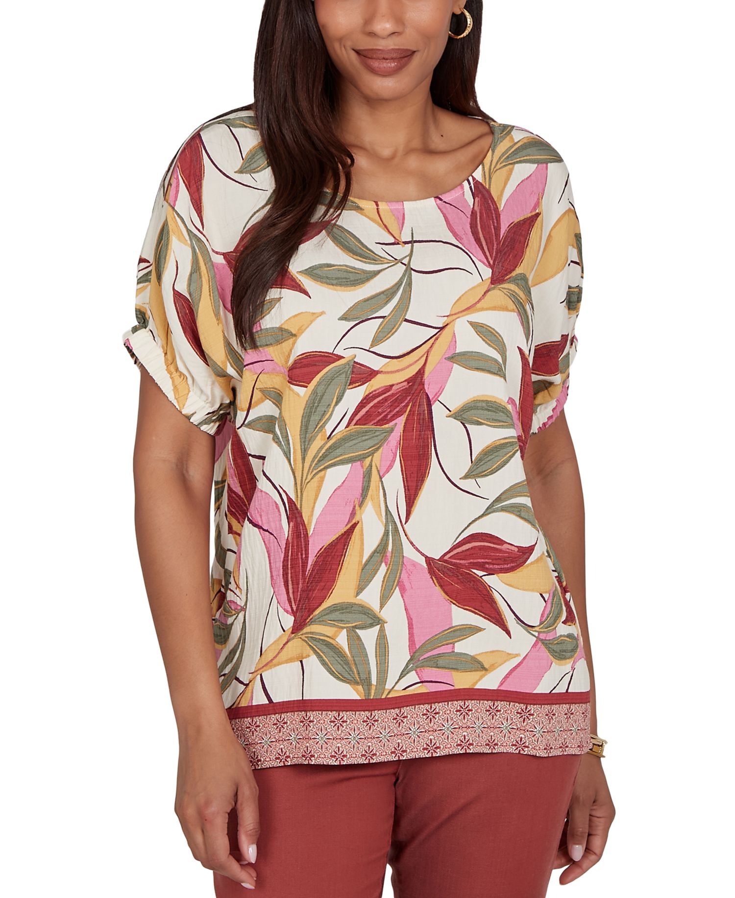 Petite Textured Leaf Print Short-Sleeve Top