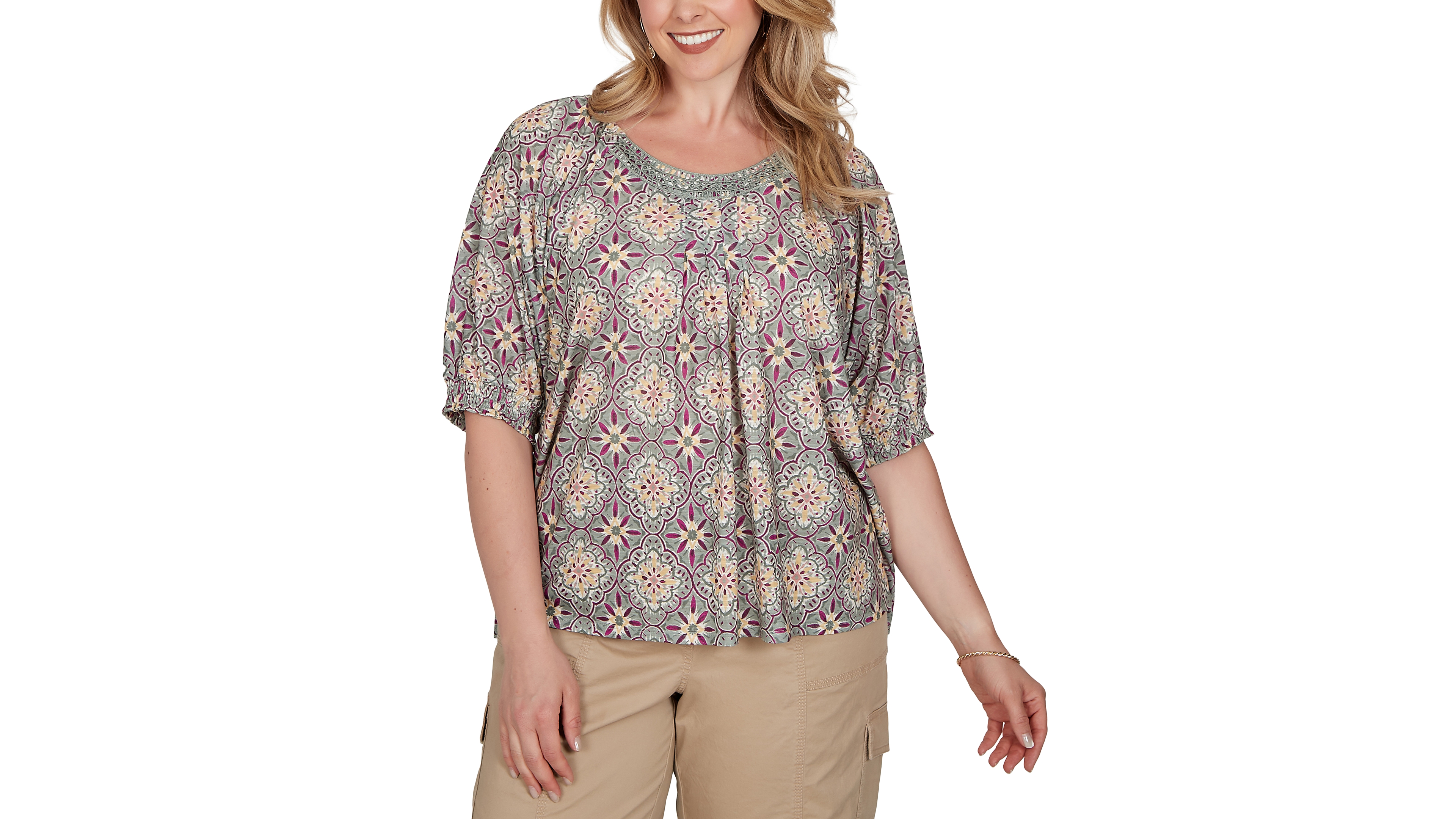 Ruby Rd. Plus Size Desert Geo Print Lace Trim Knit Top
