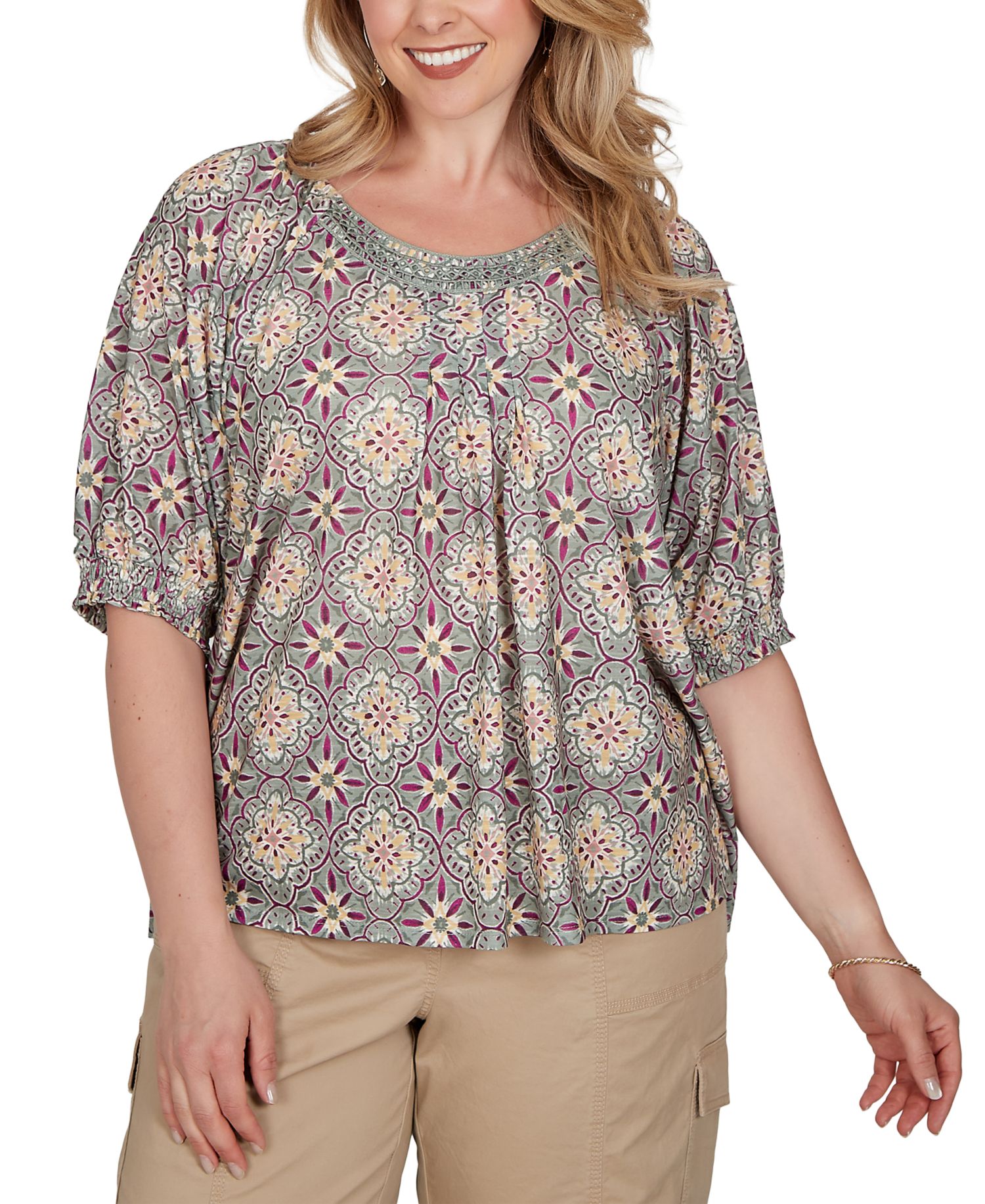 Plus Size Desert Geo Print Lace Trim Knit Top